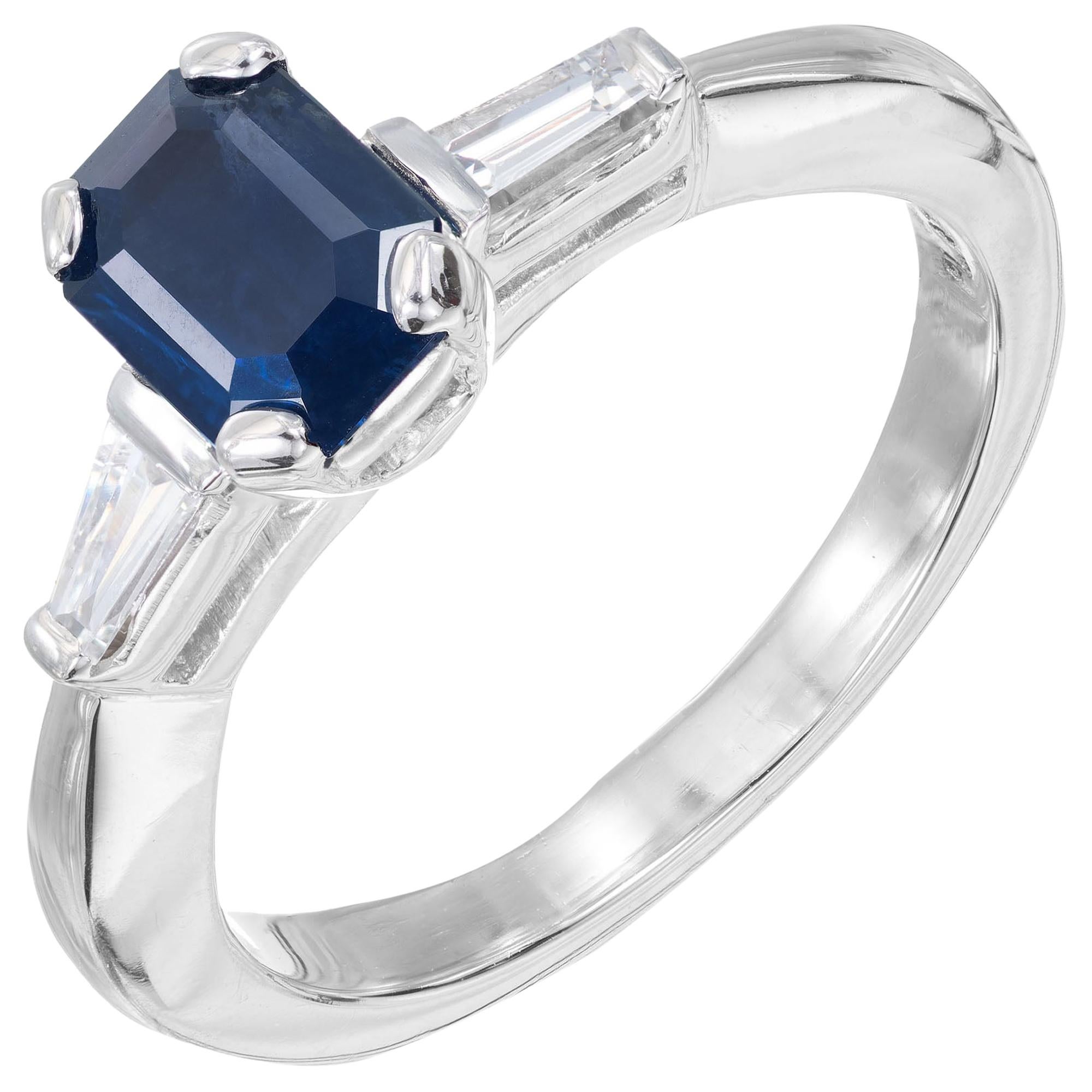 GIA 1.05 Carat Dark Blue Sapphire Diamond Platinum Three-Stone Engagement Ring