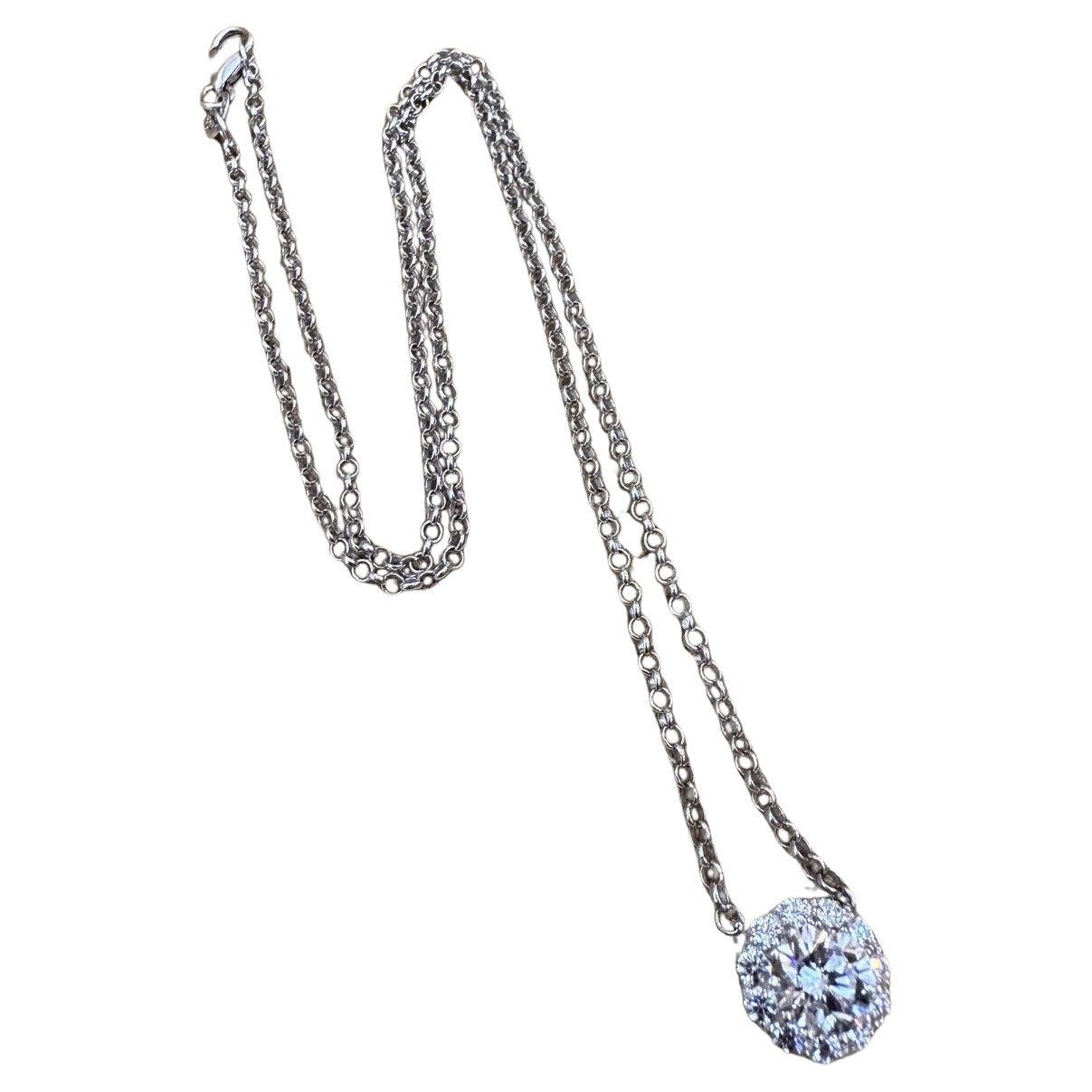 GIA 1.05 Carat F-SI1 Round Brilliant Diamond Halo Necklace in 14k White Gold