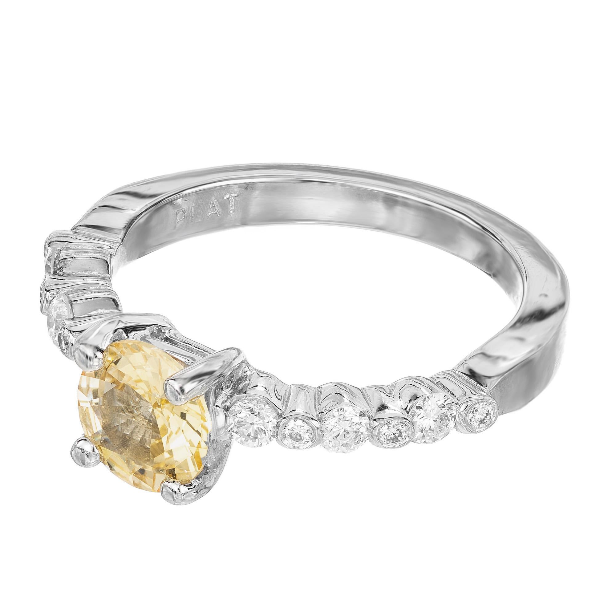 Round Cut GIA 1.05 Carat Natural Fancy Yellow Sapphire Diamond Platinum Engagement Ring For Sale