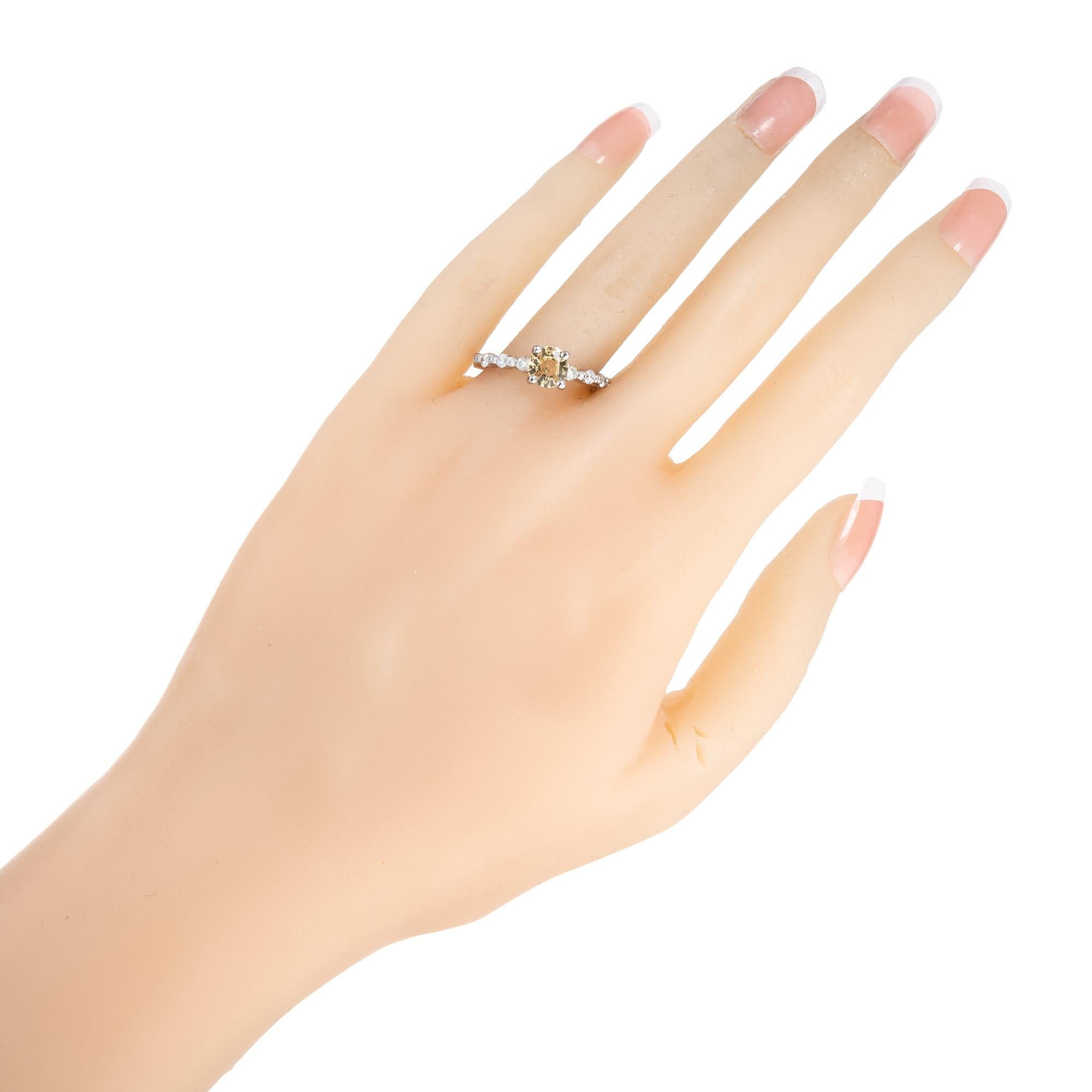 GIA 1.05 Carat Natural Fancy Yellow Sapphire Diamond Platinum Engagement Ring For Sale 3