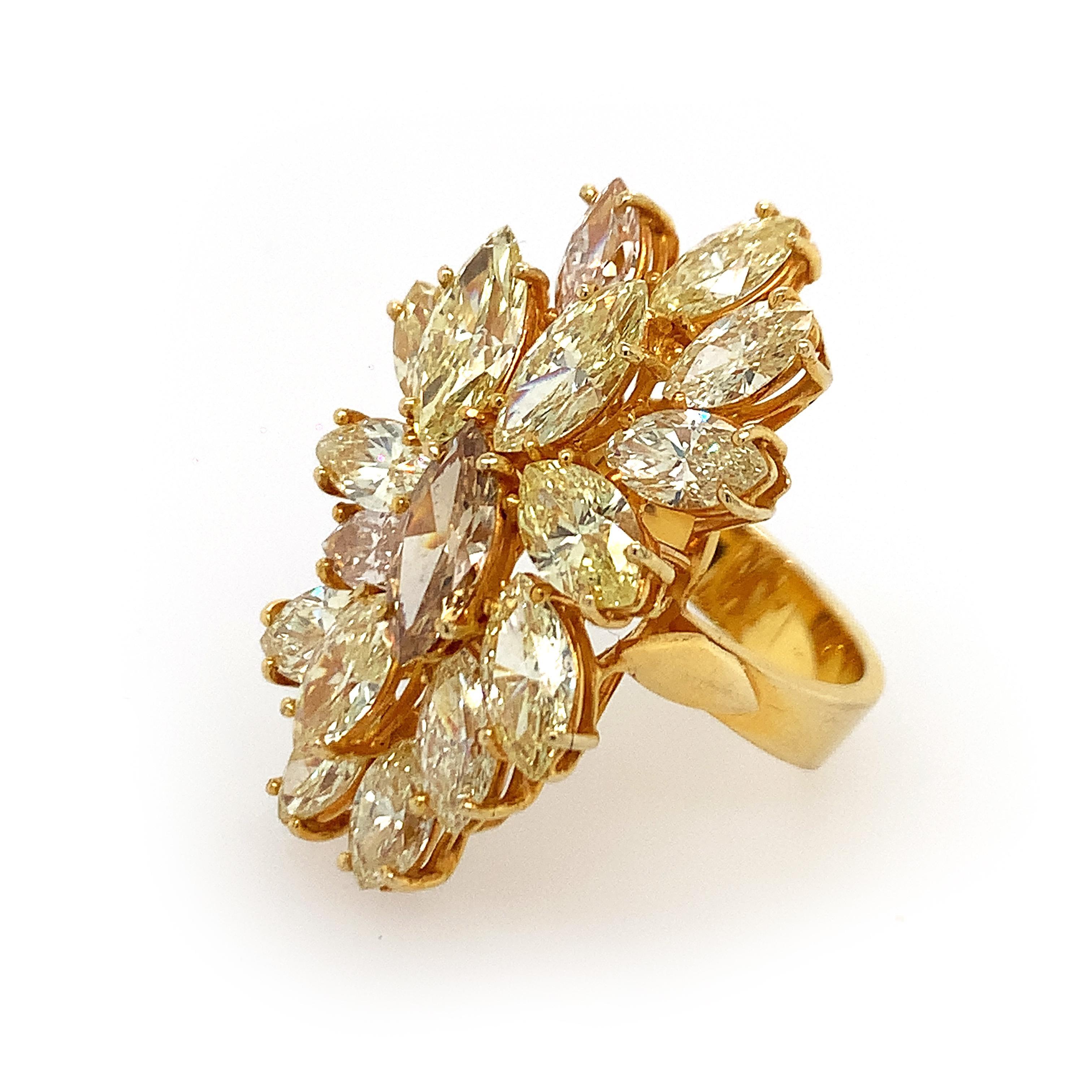 18K Y/Gold gelber Diamantring, 17 marquise Diamanten mit drei zertifizierten. Einer wiegt 1,03 ct natürliches Fancy-Gelb mit SI2-Klarheit, GIA-Zertifikat #6213209619, einer wiegt 0,84 ct natürliches Fancy-Braun-Gelb mit VS2-Klarheit, GIA-Zertifikat