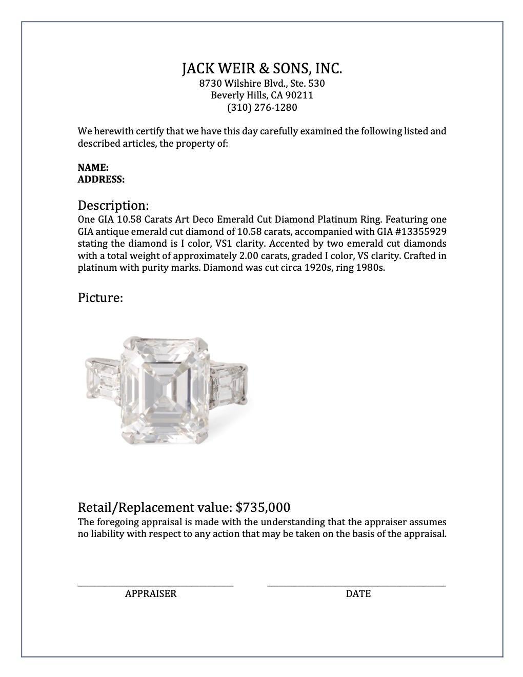 GIA 10.58 Carats Art Deco Emerald Cut Diamond Platinum Ring 4