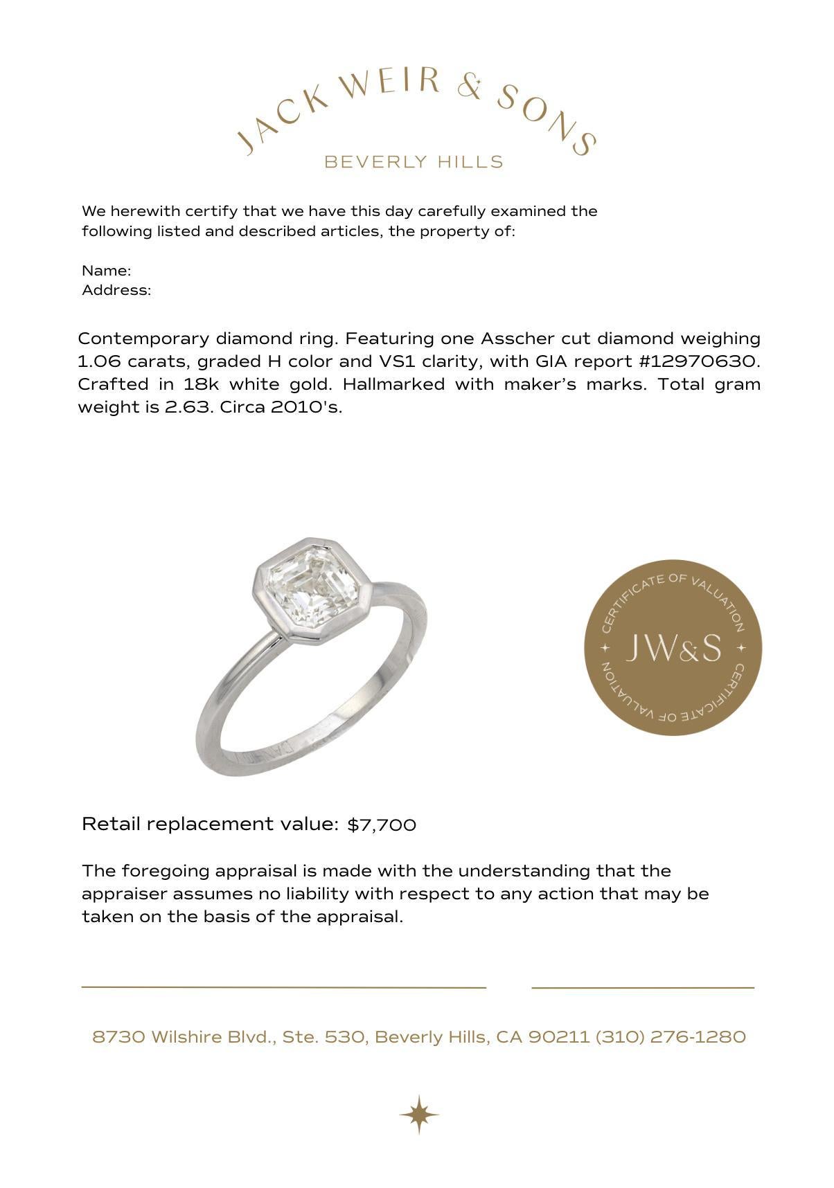 GIA 1.06 carat Asscher cut diamond 18k white gold engagement ring For Sale 3