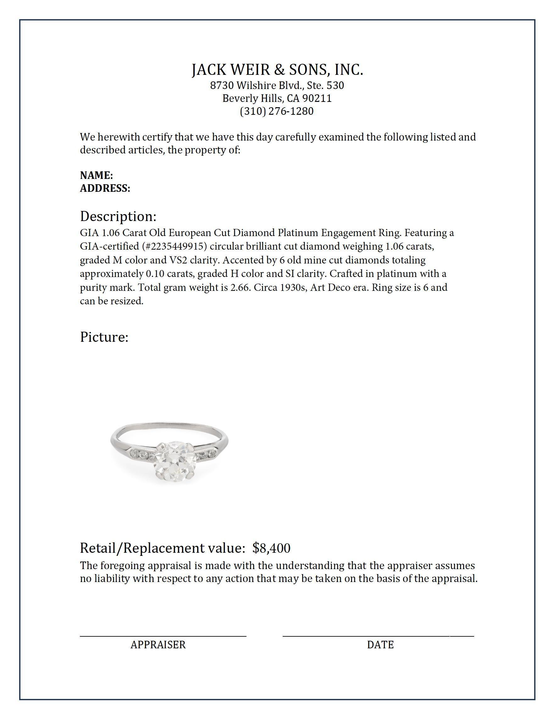 GIA 1.06 carat old European cut diamond platinum engagement ring In Excellent Condition For Sale In Beverly Hills, CA
