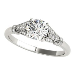 GIA 1.06 Carat Round Vintage Milgrain Pave Leaf 18K White Gold Diamond Ring