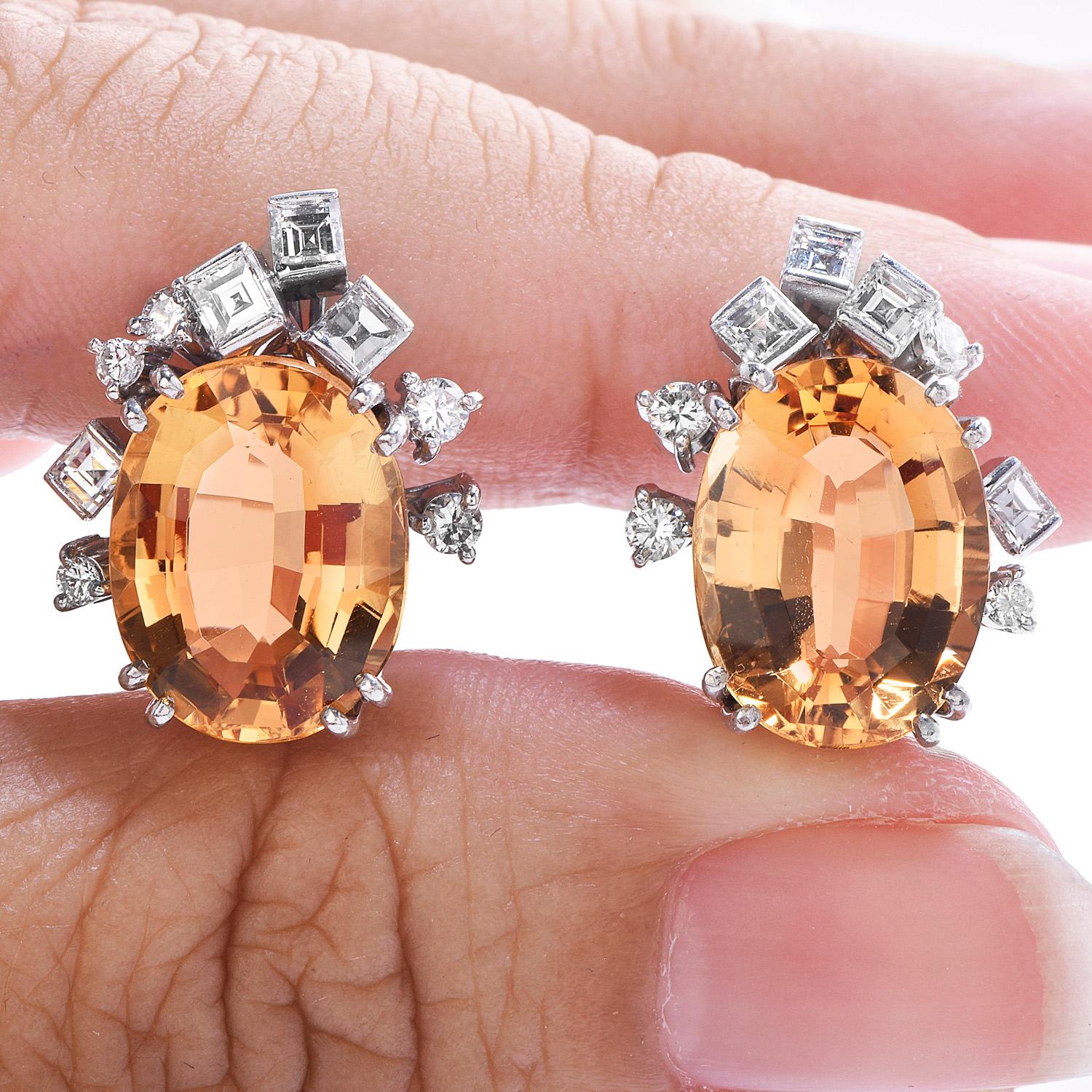 GIA 10.60cts Imperial Topaz Diamond 18K Gold Earrings In Excellent Condition For Sale In Miami, FL