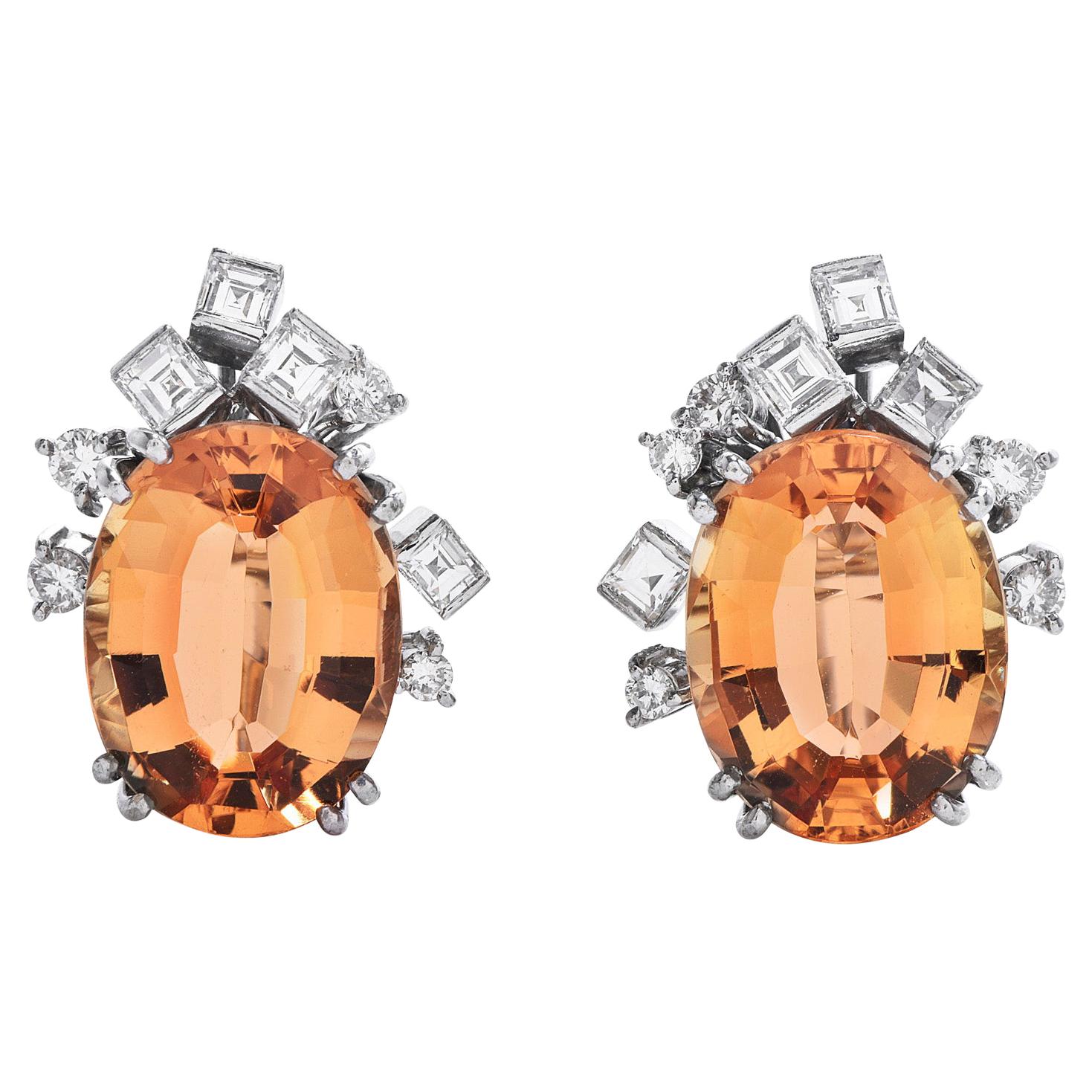 GIA 10.60cts Imperial Topaz Diamond 18K Gold Earrings For Sale