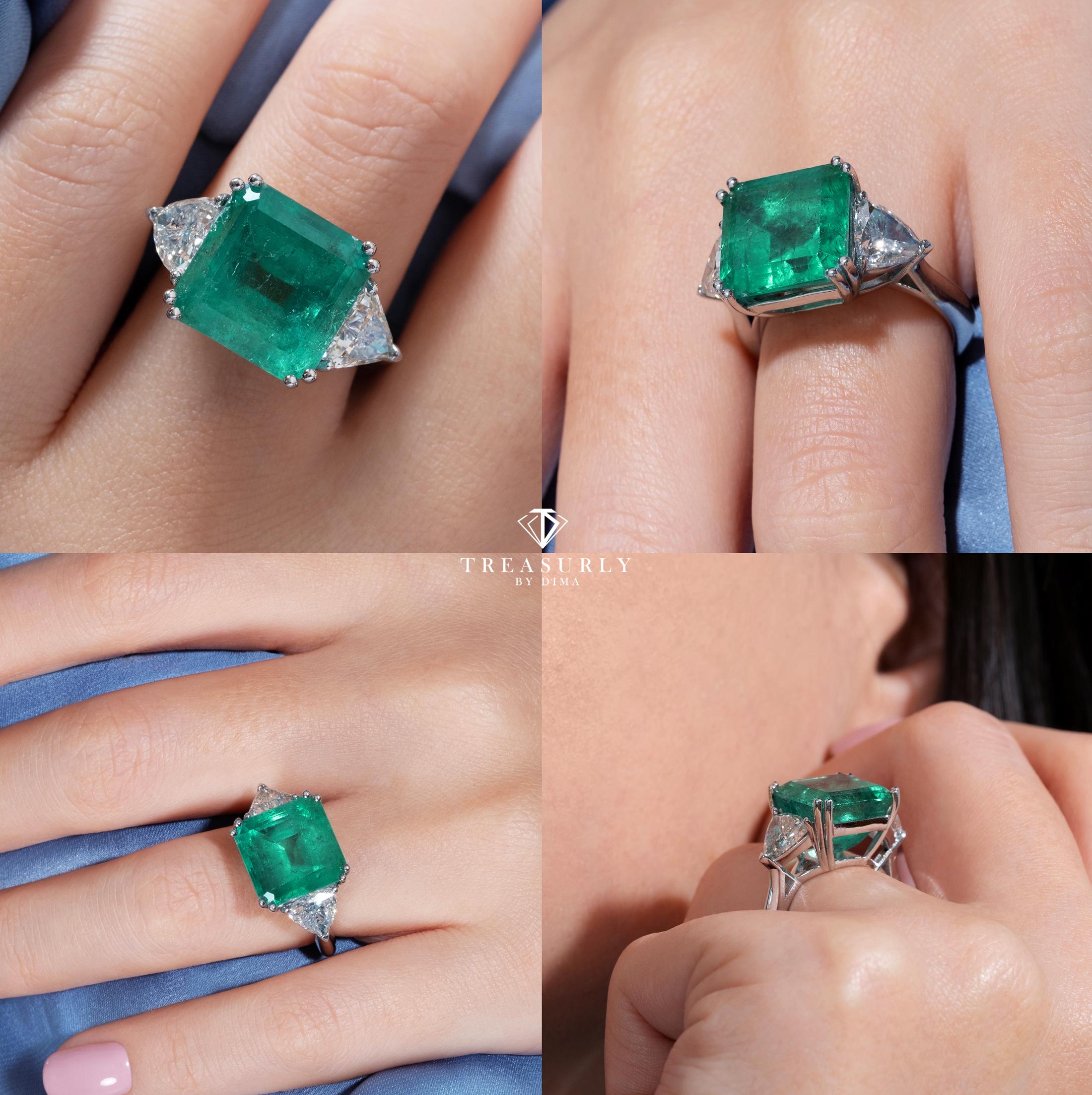 GIA 10.64ct Columbian Green Square Emerald Diamond 3stone Engagement Plat Ring 6