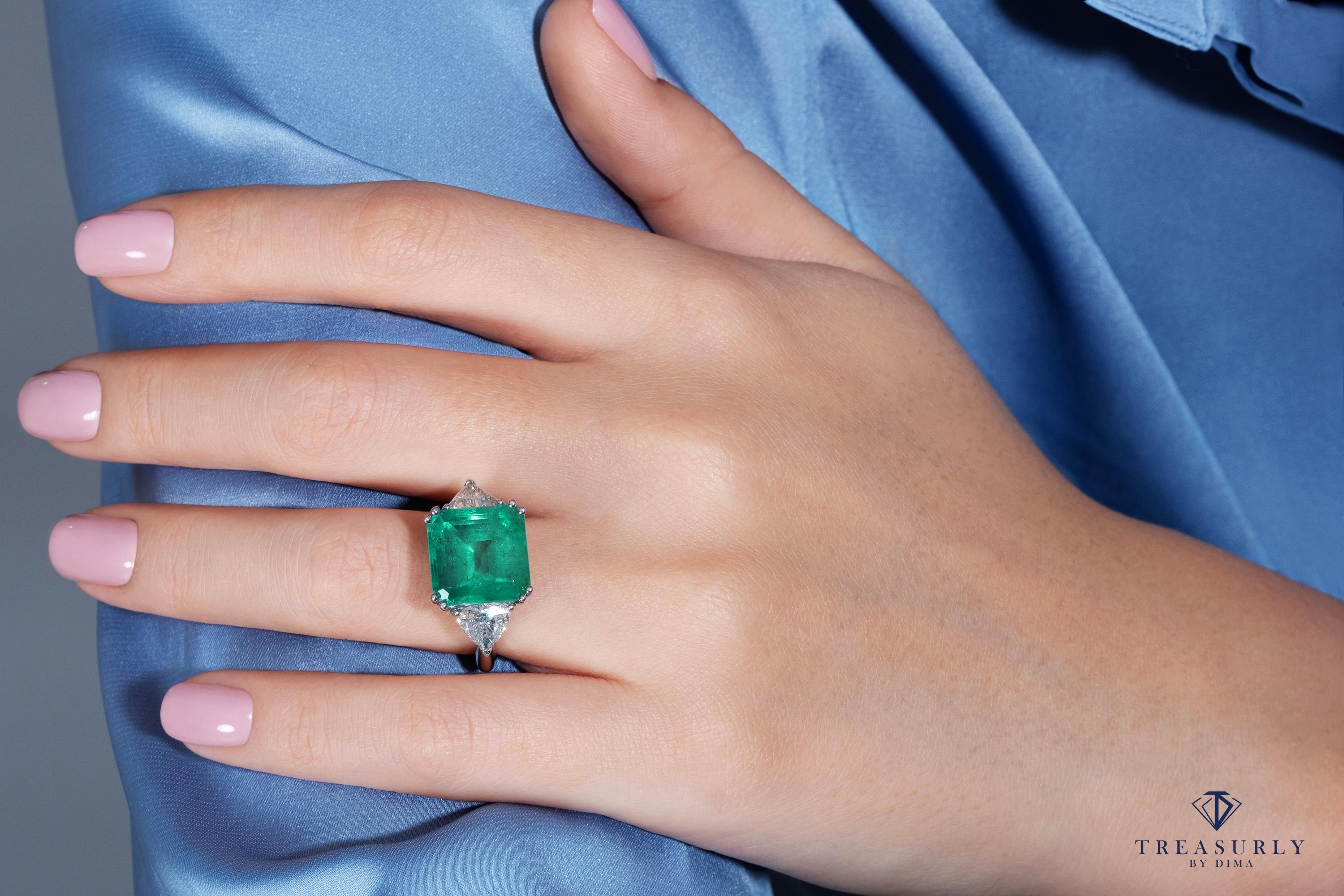 GIA 10.64ct Columbian Green Square Emerald Diamond 3stone Engagement Plat Ring 7