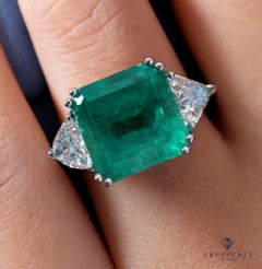 GIA 10.64ct Columbian Green Square Emerald Diamond 3stone Engagement Plat Ring