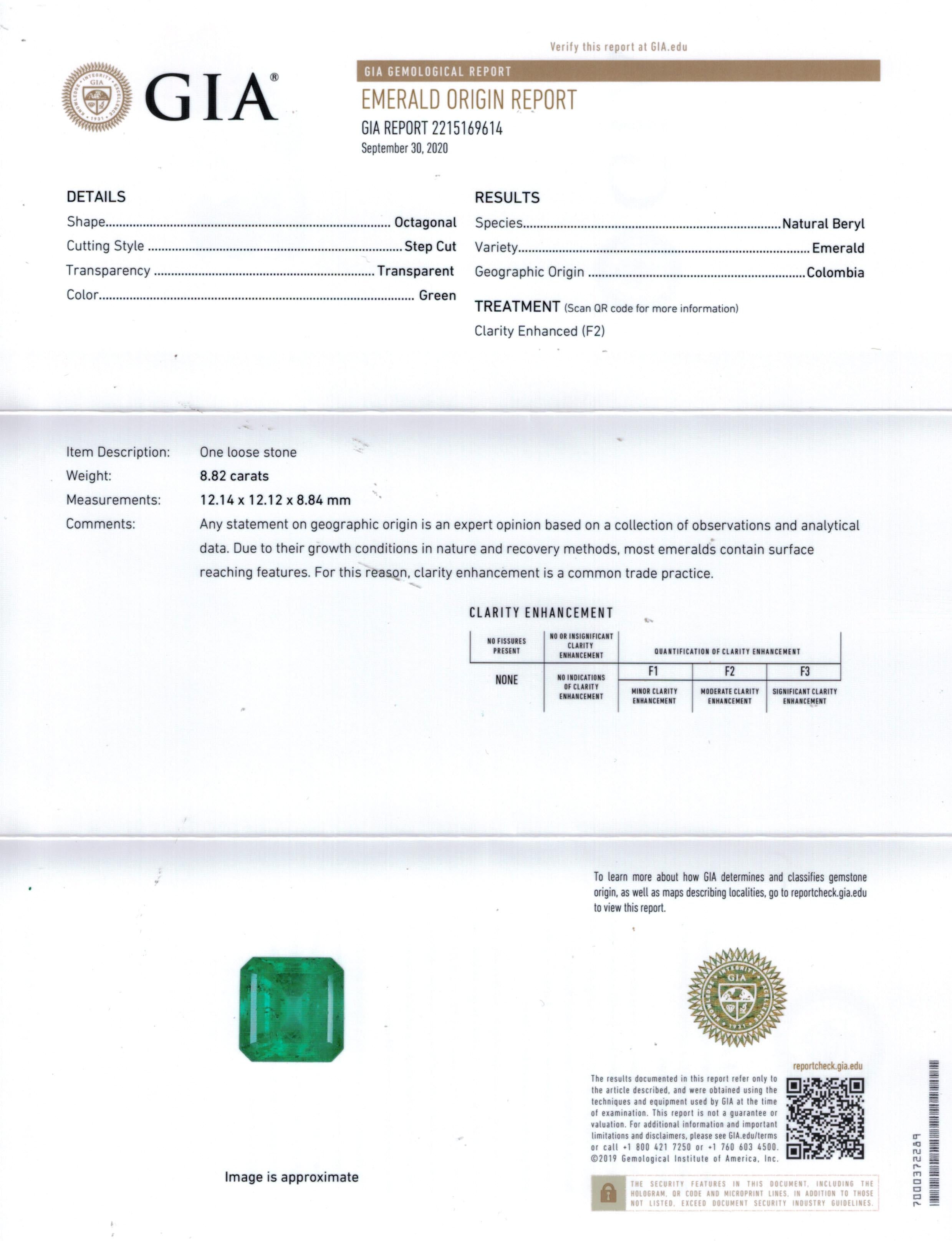 Asscher Cut GIA 10.64ct Columbian Green Square Emerald Diamond 3stone Engagement Plat Ring