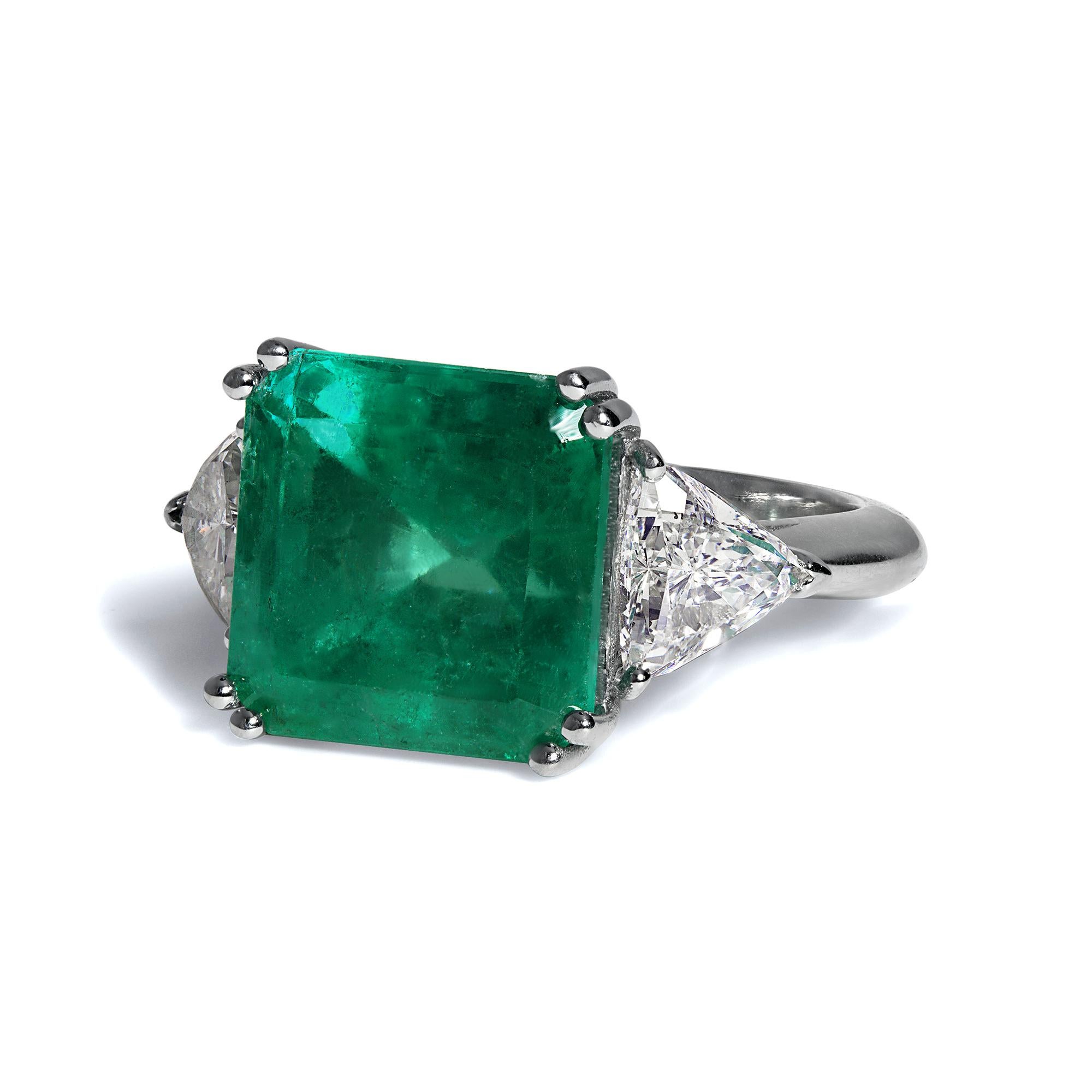 Women's GIA 10.64ct Columbian Green Square Emerald Diamond 3stone Engagement Plat Ring