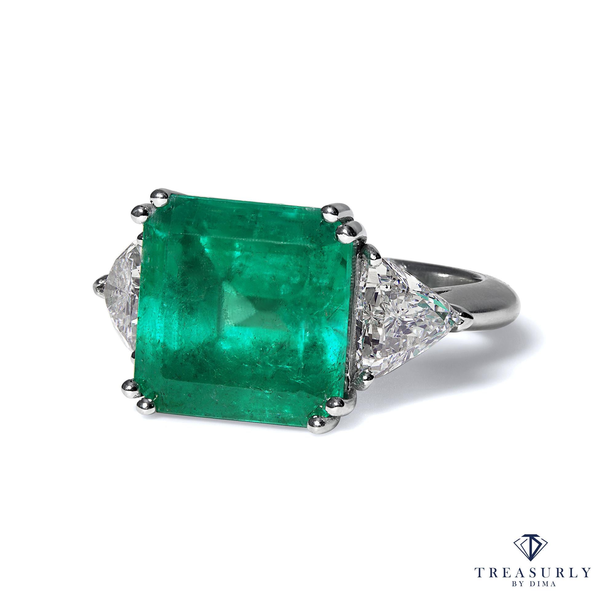 GIA 10.64ct Columbian Green Square Emerald Diamond 3stone Engagement Plat Ring 1