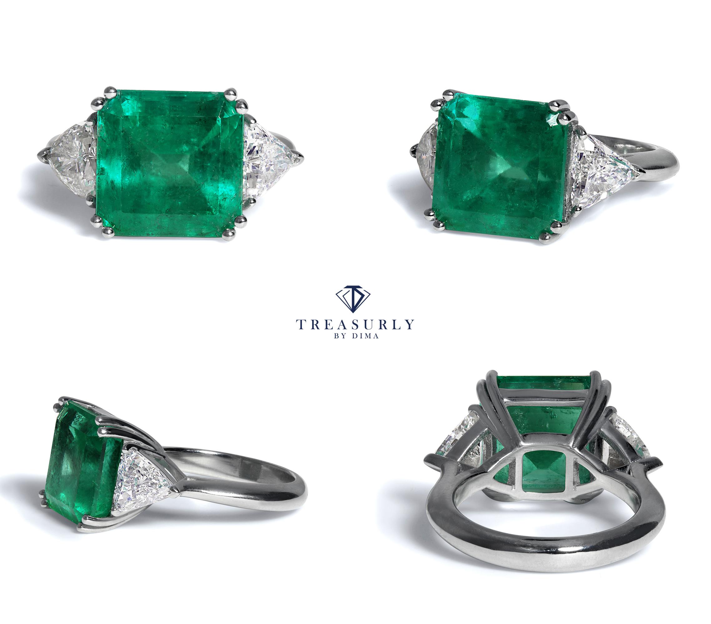 GIA 10.64ct Columbian Green Square Emerald Diamond 3stone Engagement Plat Ring 2