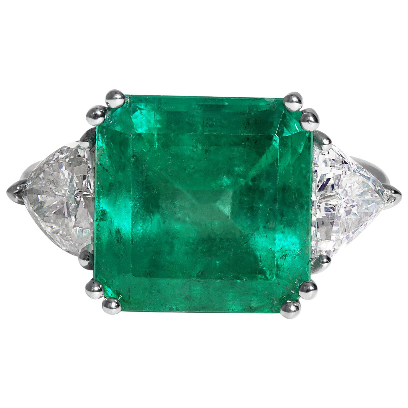 GIA 10.64ct Columbian Green Square Emerald Diamond 3stone Engagement Plat Ring