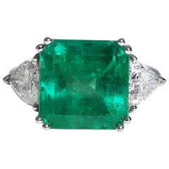 Used GIA 10.64ct Columbian Green Square Emerald Diamond 3stone Engagement Plat Ring