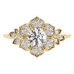 GIA 1.06ct Round Daisy Leaf Flower Bloom Pave 18K Yellow Gold Diamond Ring