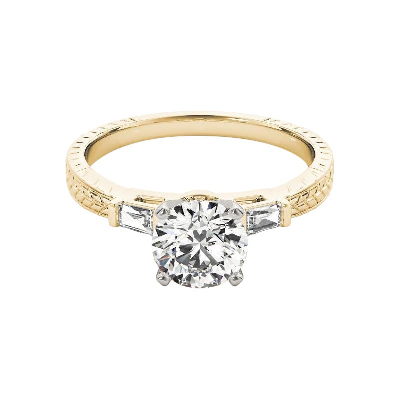 GIA 1.06ct Round Engraved Three-Stone Baguette 18K Yellow Gold Diamond Ring (bague à diamant en or jaune de 1.06ct)