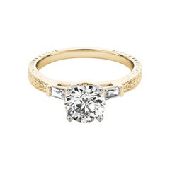 GIA 1.06ct Round Engraved Three-Stone Baguette 18K Yellow Gold Diamond Ring