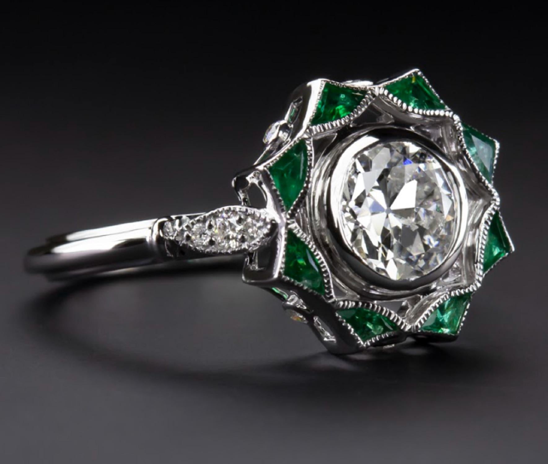 1.07 Carat Art Deco Style Old European Cut Diamond Emerald Ring For Sale 2
