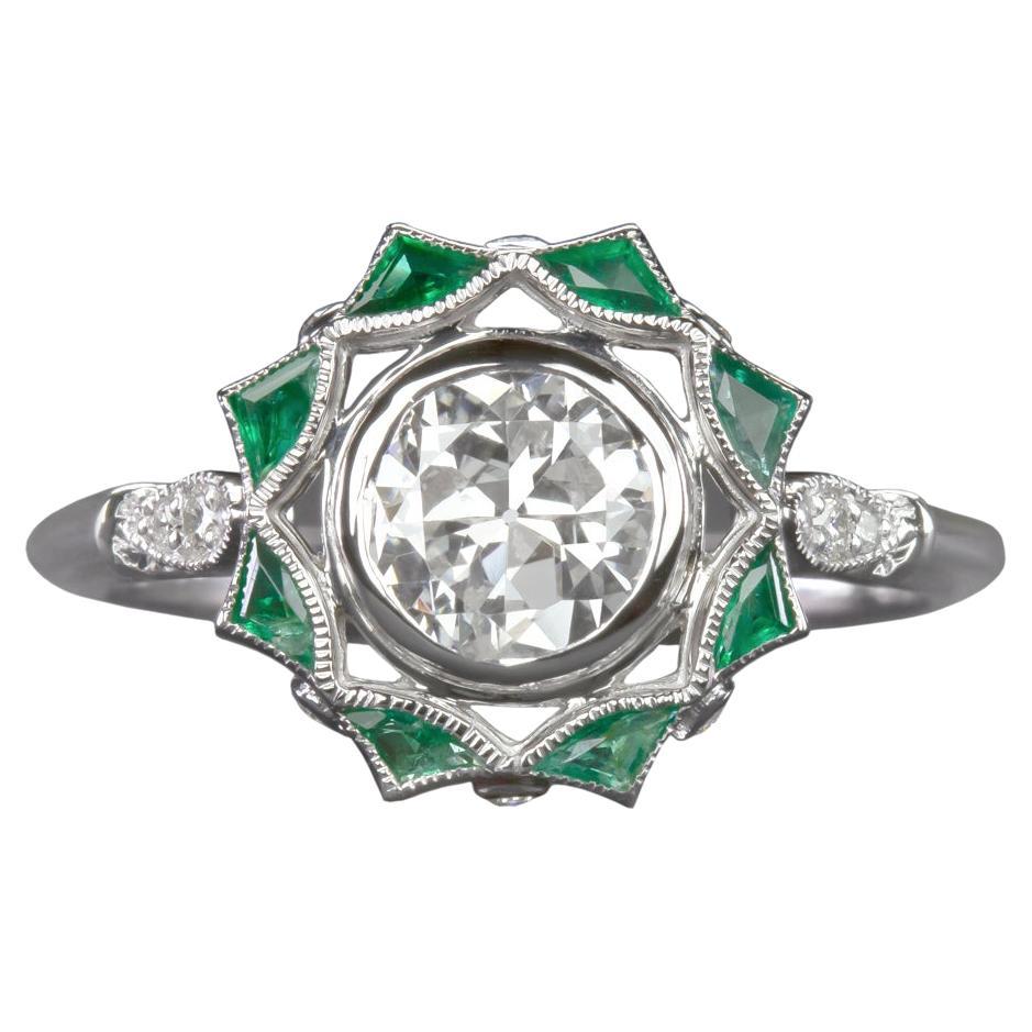 GIA 1.07 Carat Art Deco Style Old European Cut Diamond Emerald Ring For Sale