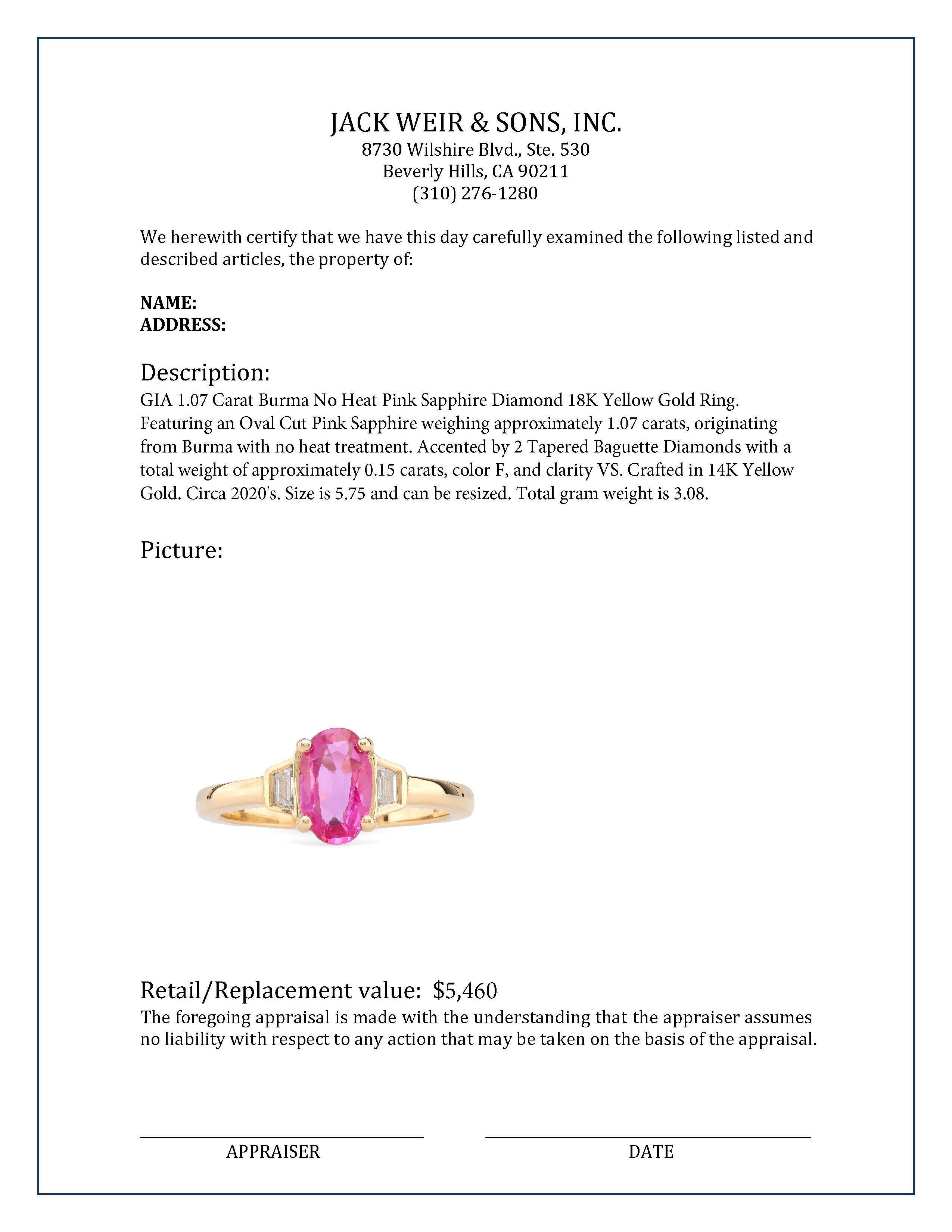 Women's or Men's GIA 1.07 Carat Burma No Heat Pink Sapphire Diamond 18K Yellow Gold Ring For Sale