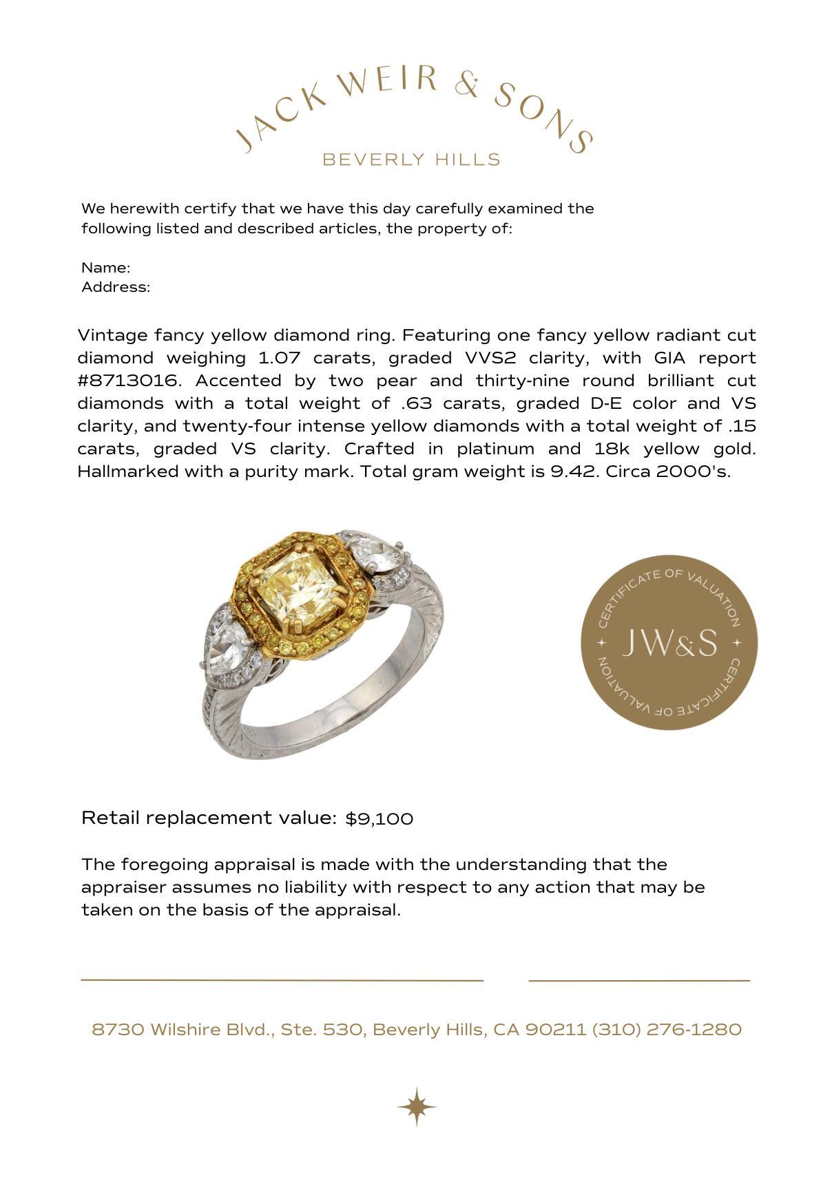 GIA 1,07 Karat gelber Diamant Platin 18k Gelbgold Verlobungsring Damen im Angebot