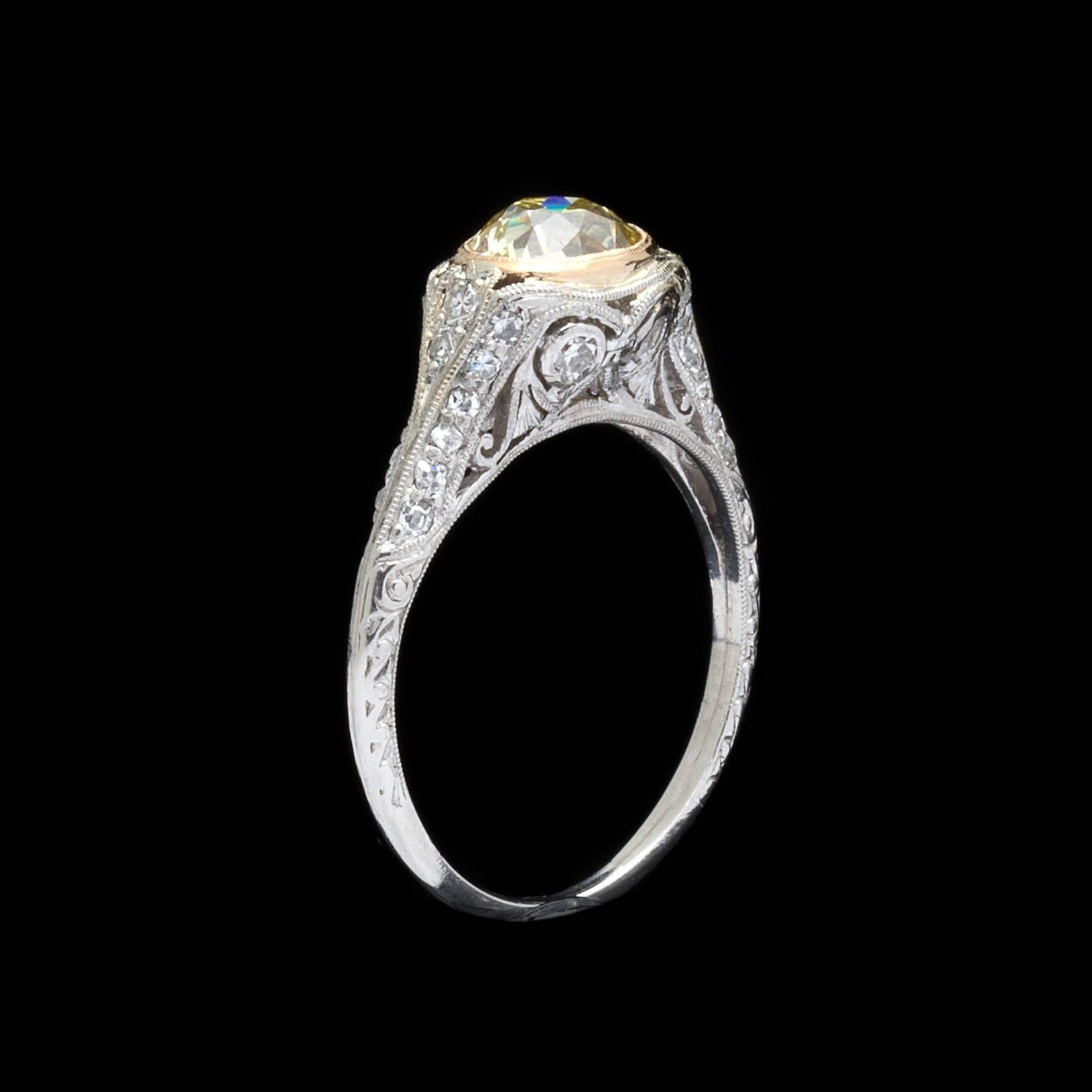 Art Deco GIA 1.07 Carat Natural Fancy Yellow Diamond Ring