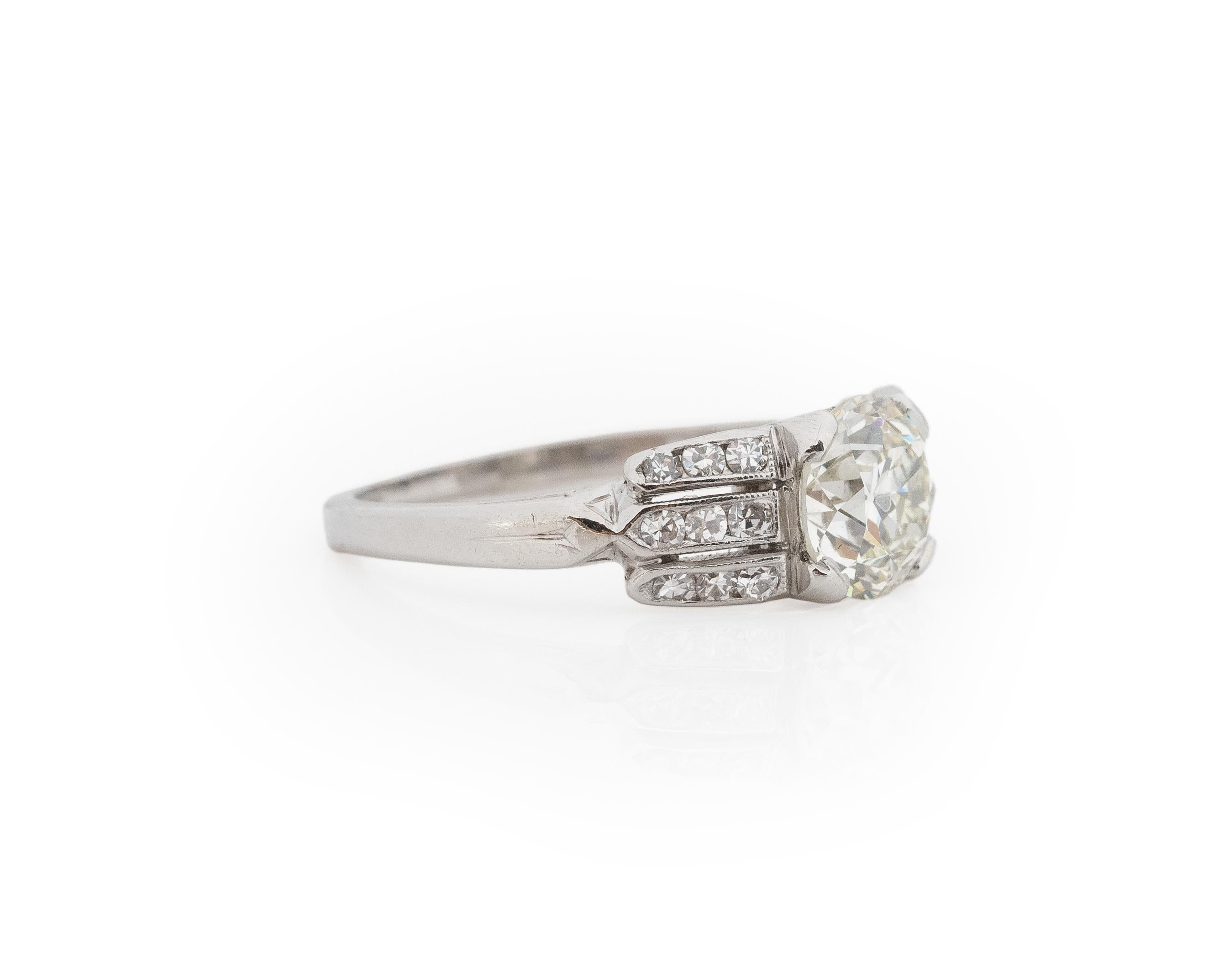 Year: 1930s

Item Details:
Ring Size: 4.5
Metal Type: Platinum [Hallmarked, and Tested]
Weight: 3.6 grams

Diamond Details:

GIA Report#: 6234142688
Weight: 1.07ct total weight
Cut: Old European brilliant
Color: L
Clarity: VS2
Type: Natural

Finger