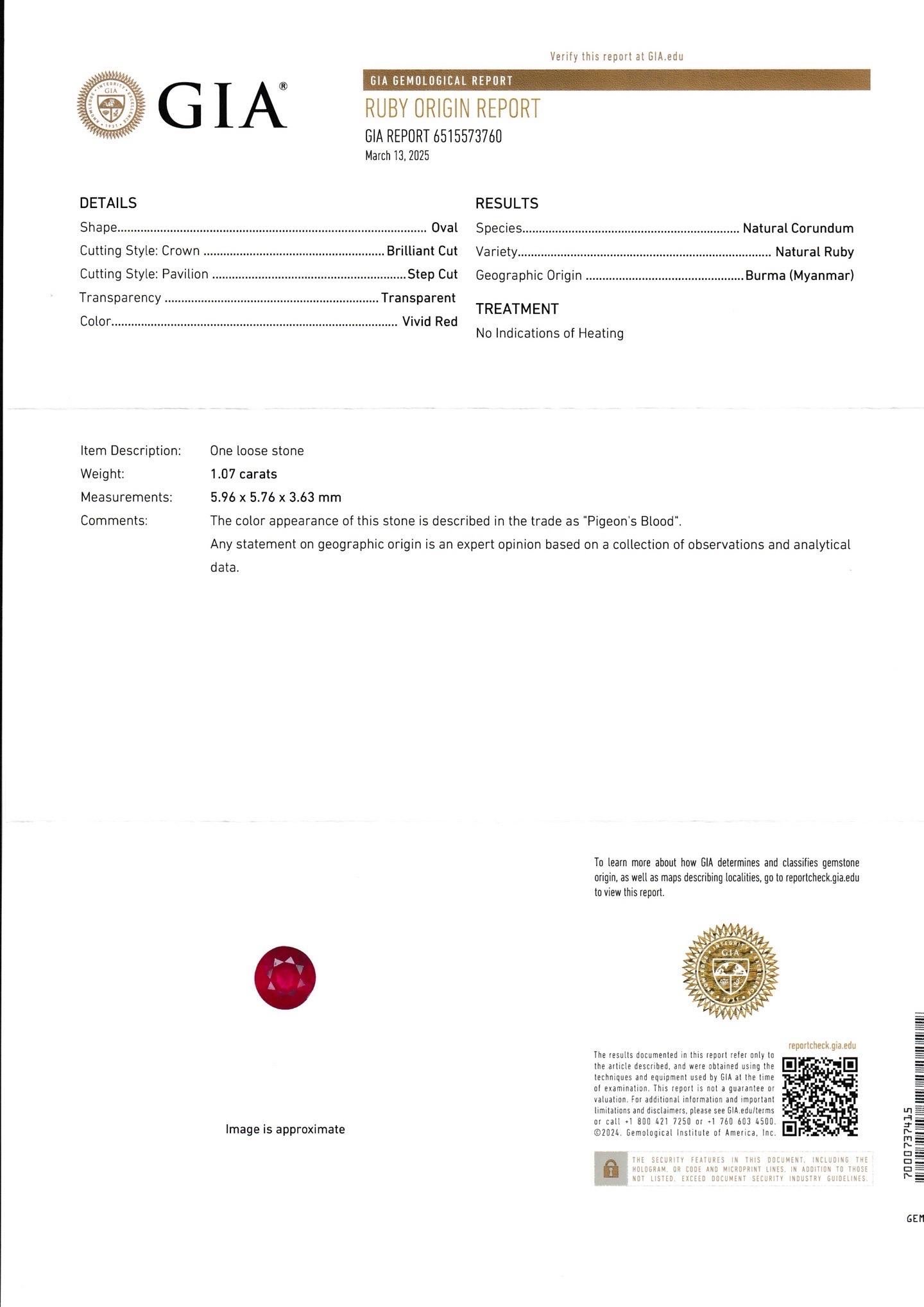 GIA 1.07 Ct Burma ruby unheated pigeon blood color Ring 18K Gold For Sale 8