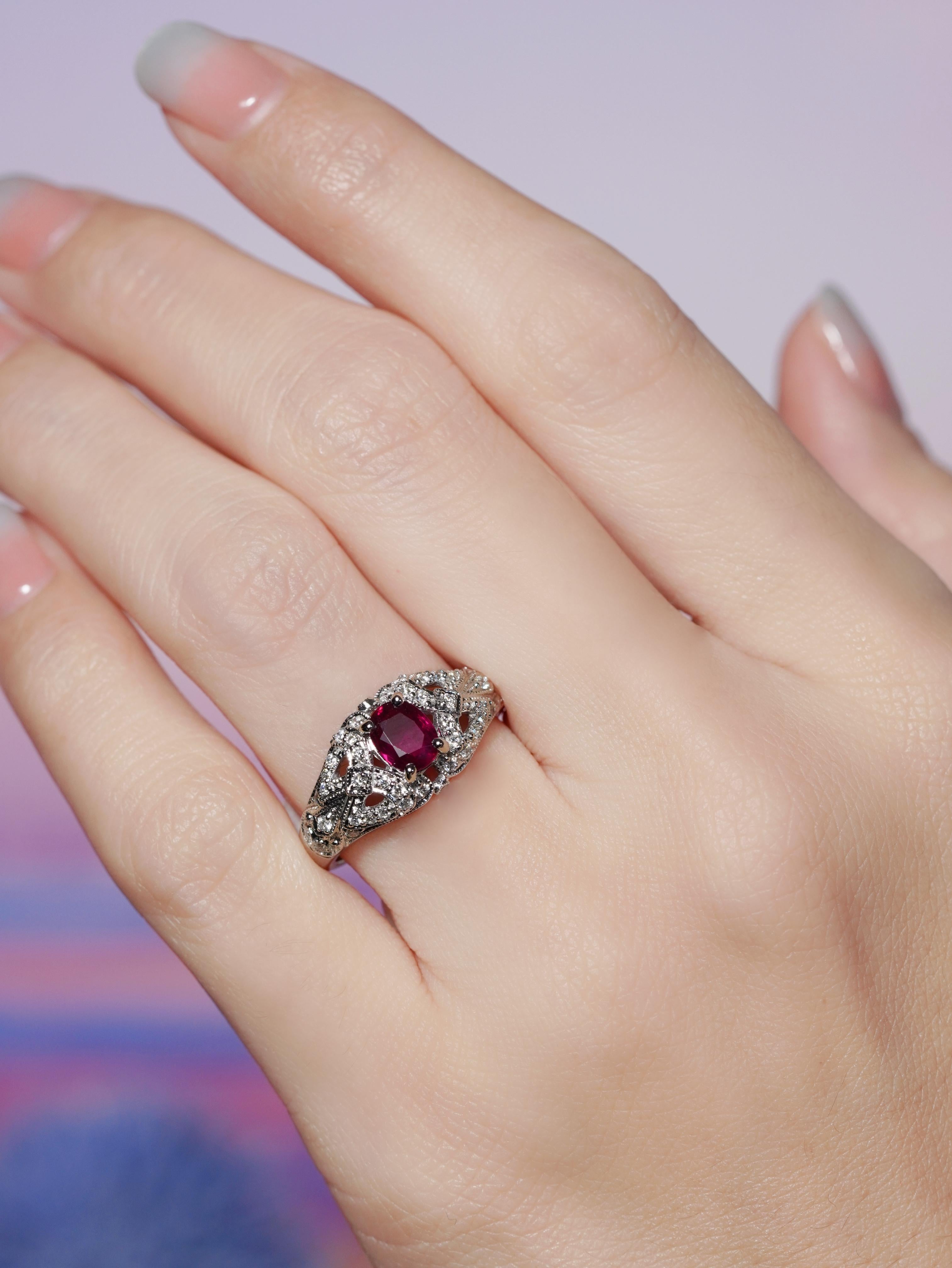 Art Deco GIA 1.07 Ct. Ruby and Diamond Engagement Ring in 18K White Gold For Sale