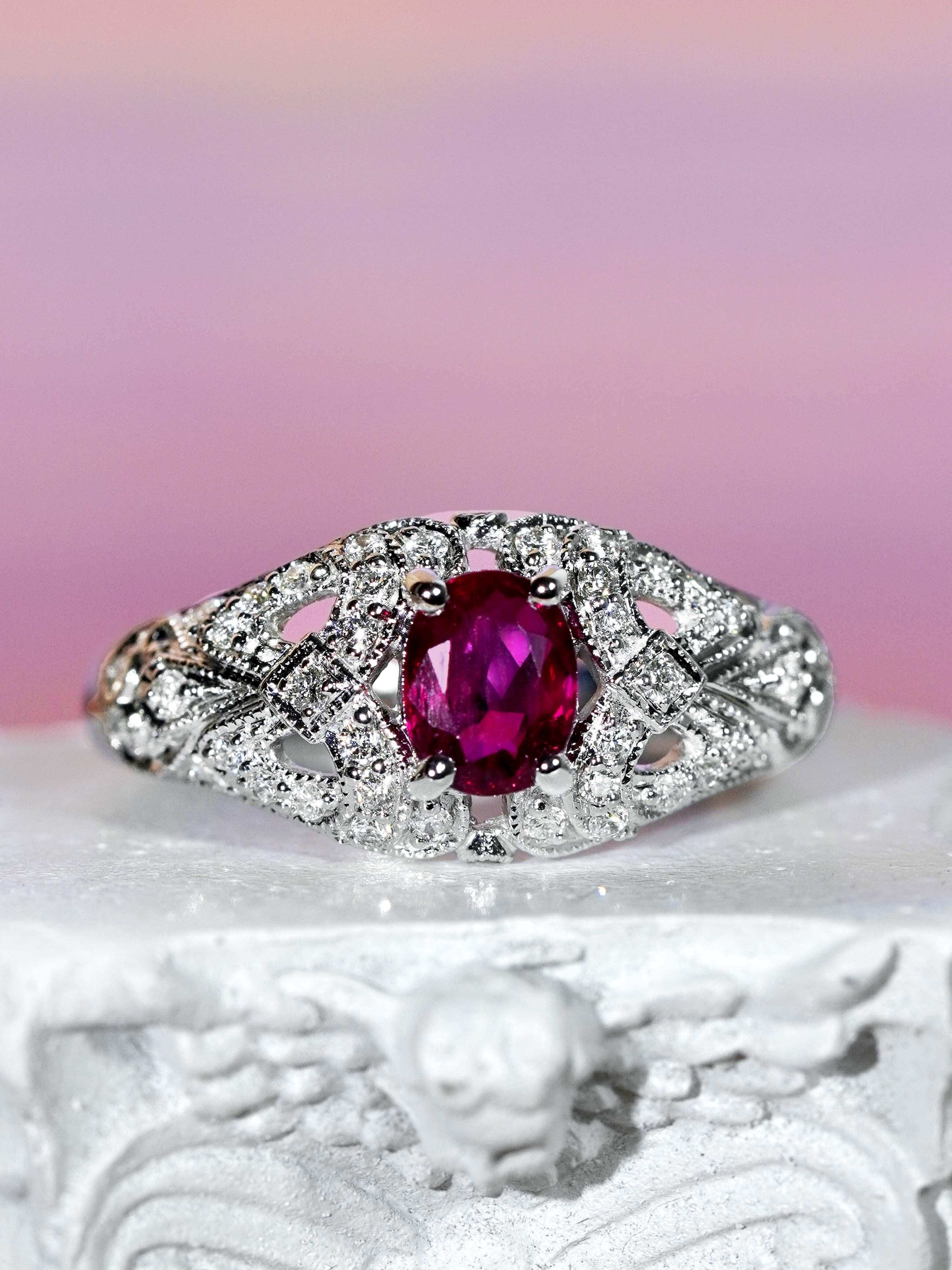 Oval Cut GIA 1.07 Ct. Ruby and Diamond Engagement Ring in 18K White Gold For Sale