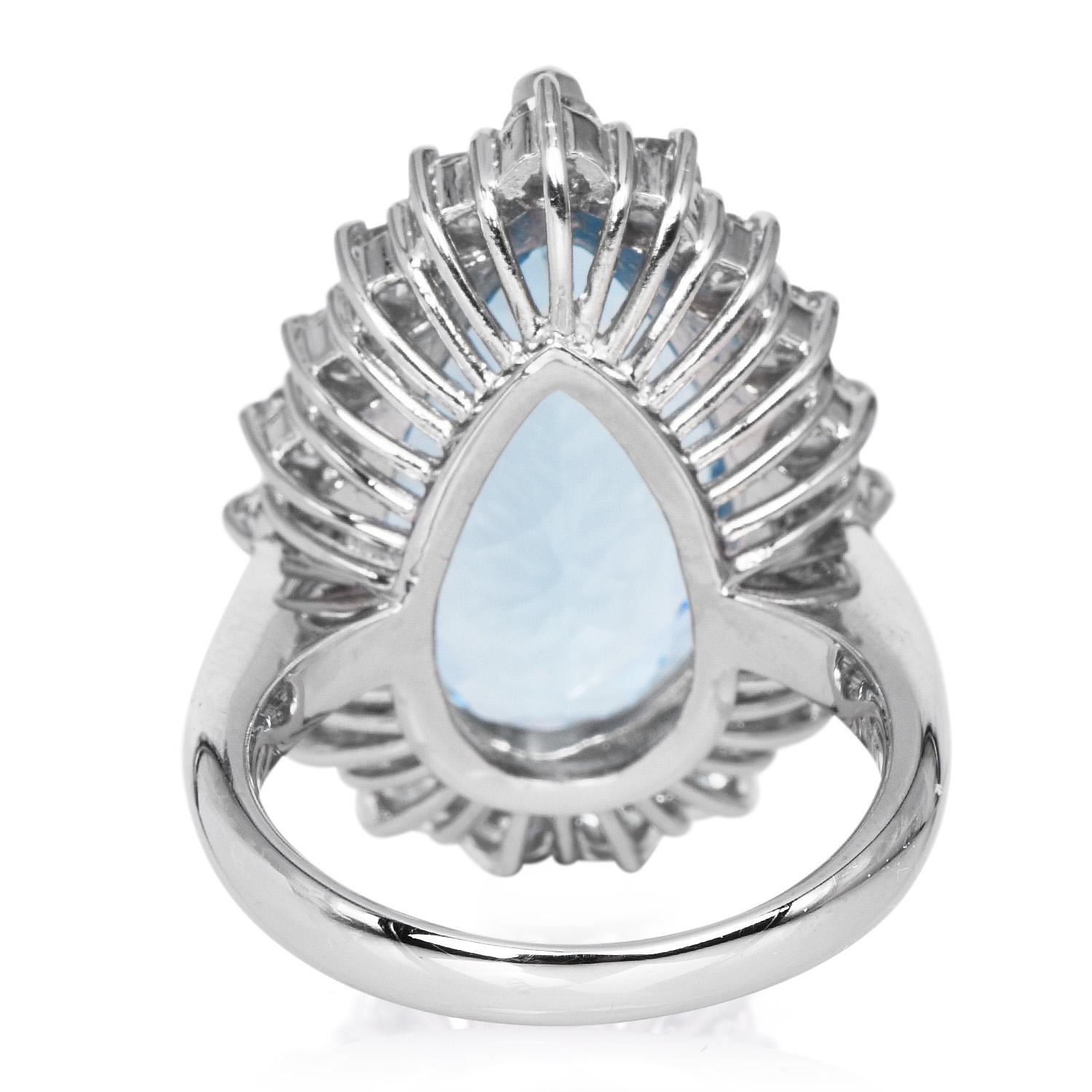 Retro GIA 10.77ct Aquamarine Diamond Platinum Drop Pear Cut Cocktail Ring For Sale