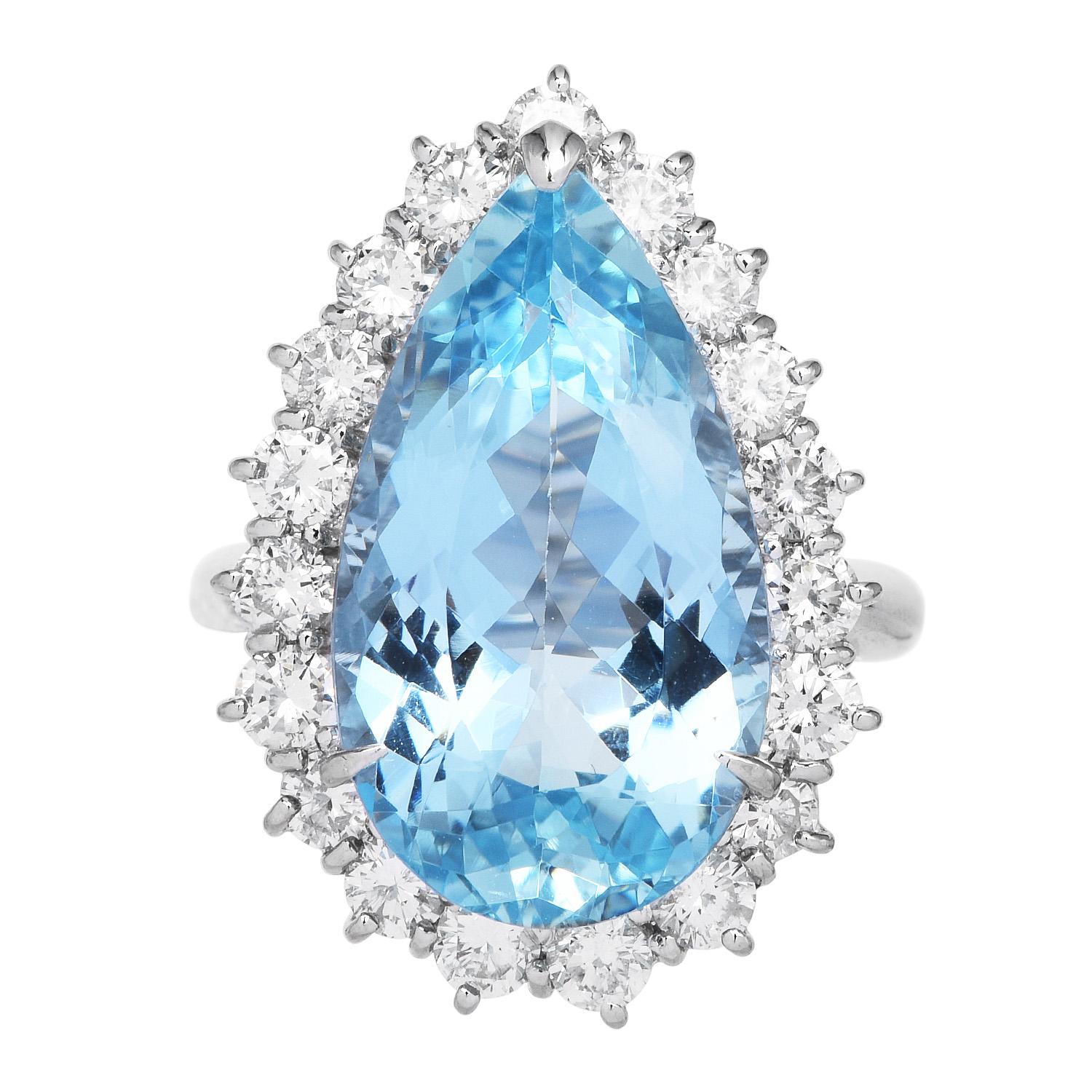 GIA 10.77ct Aquamarine Diamond Platinum Drop Pear Cut Cocktail Ring In Excellent Condition For Sale In Miami, FL