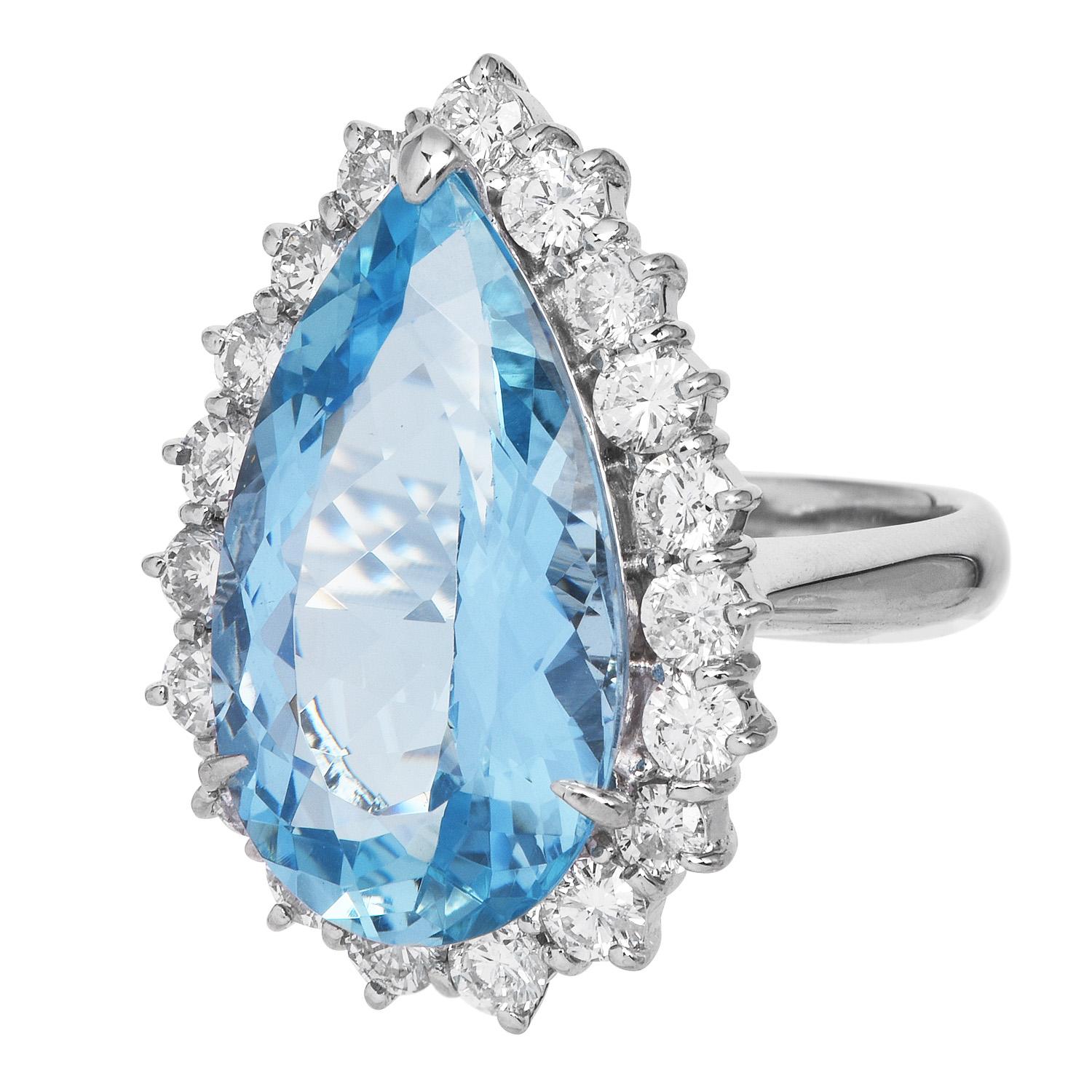 Women's GIA 10.77ct Aquamarine Diamond Platinum Drop Pear Cut Cocktail Ring For Sale