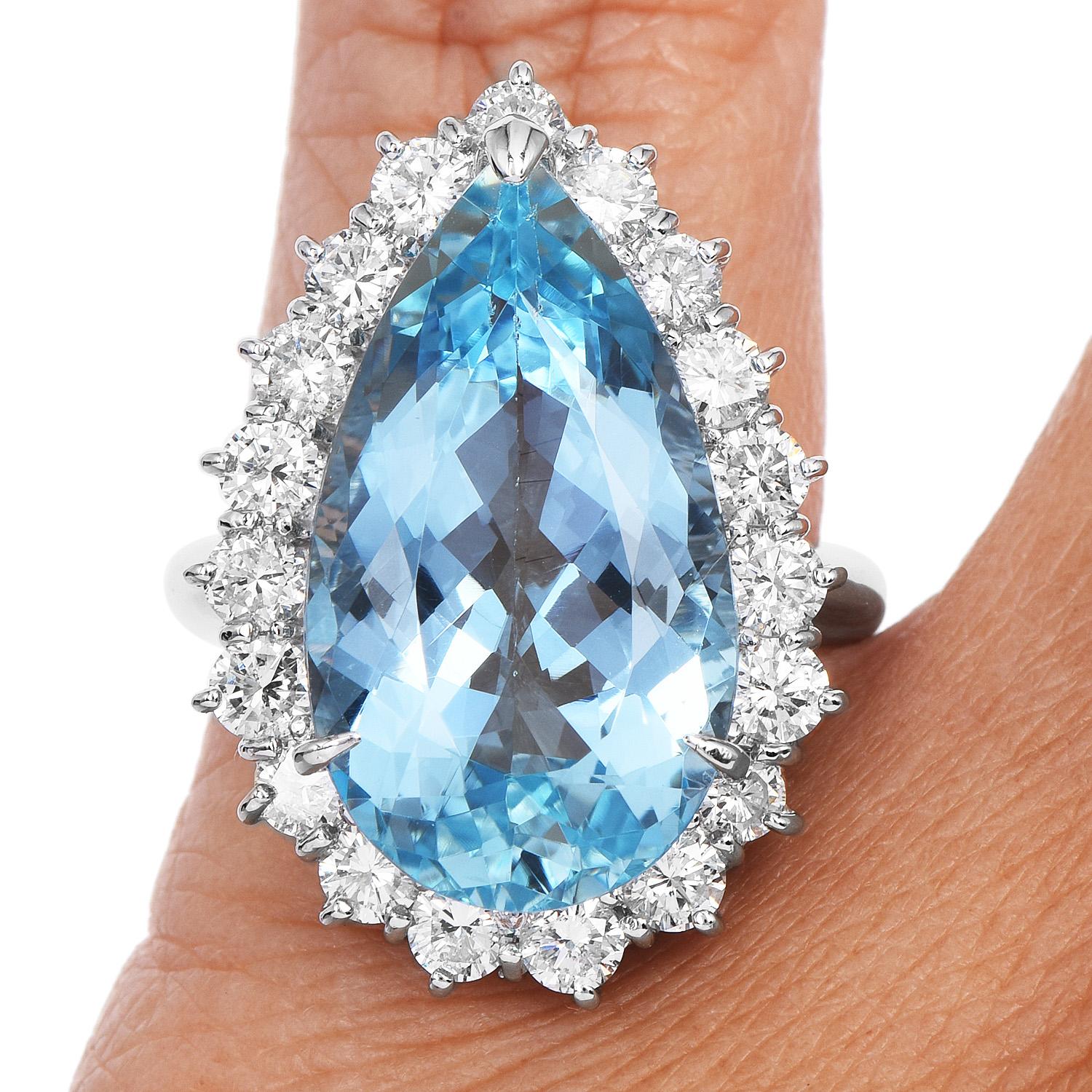 GIA 10.77ct Aquamarine Diamond Platinum Drop Pear Cut Cocktail Ring For Sale 1