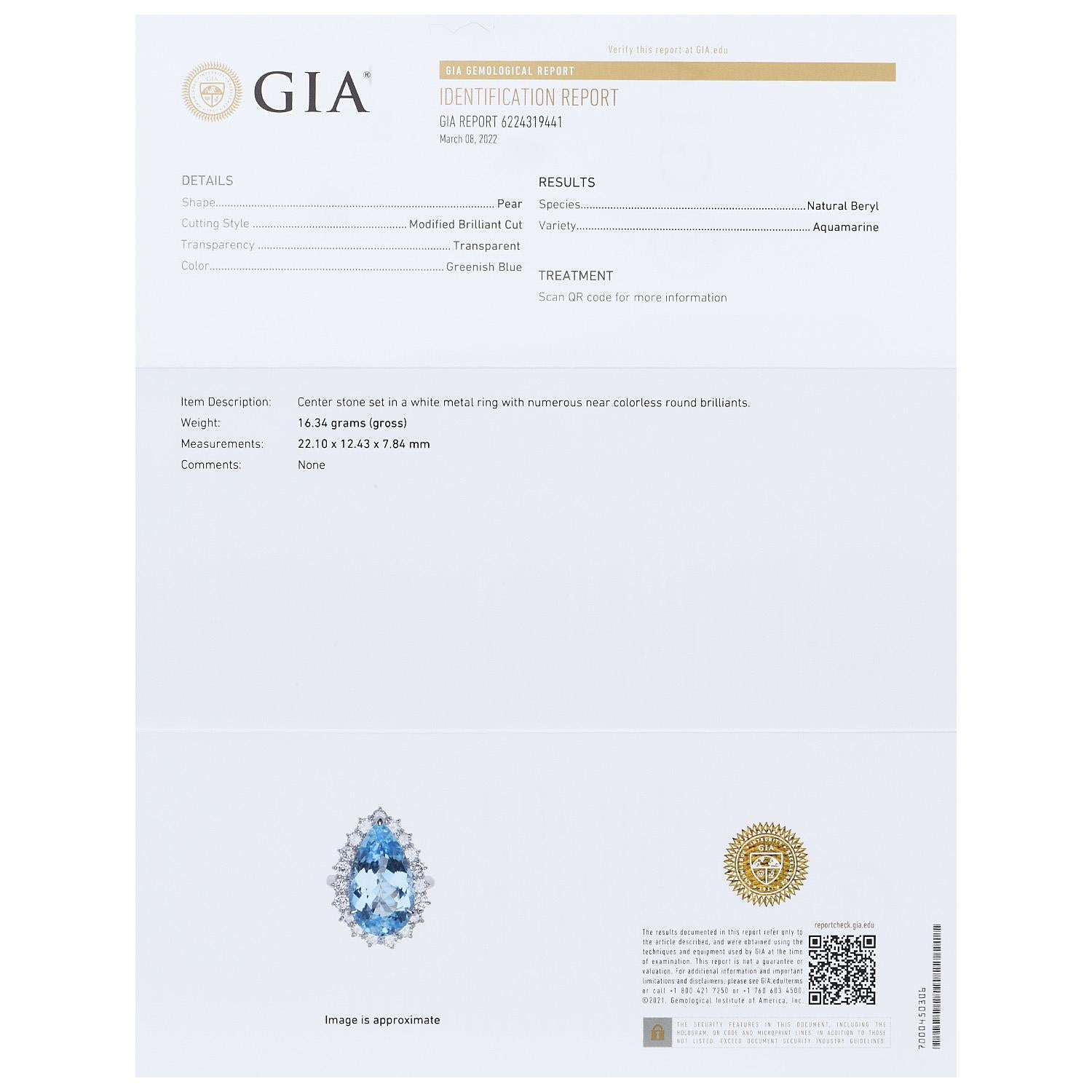 GIA 10.77ct Aquamarine Diamond Platinum Drop Pear Cut Cocktail Ring For Sale 2