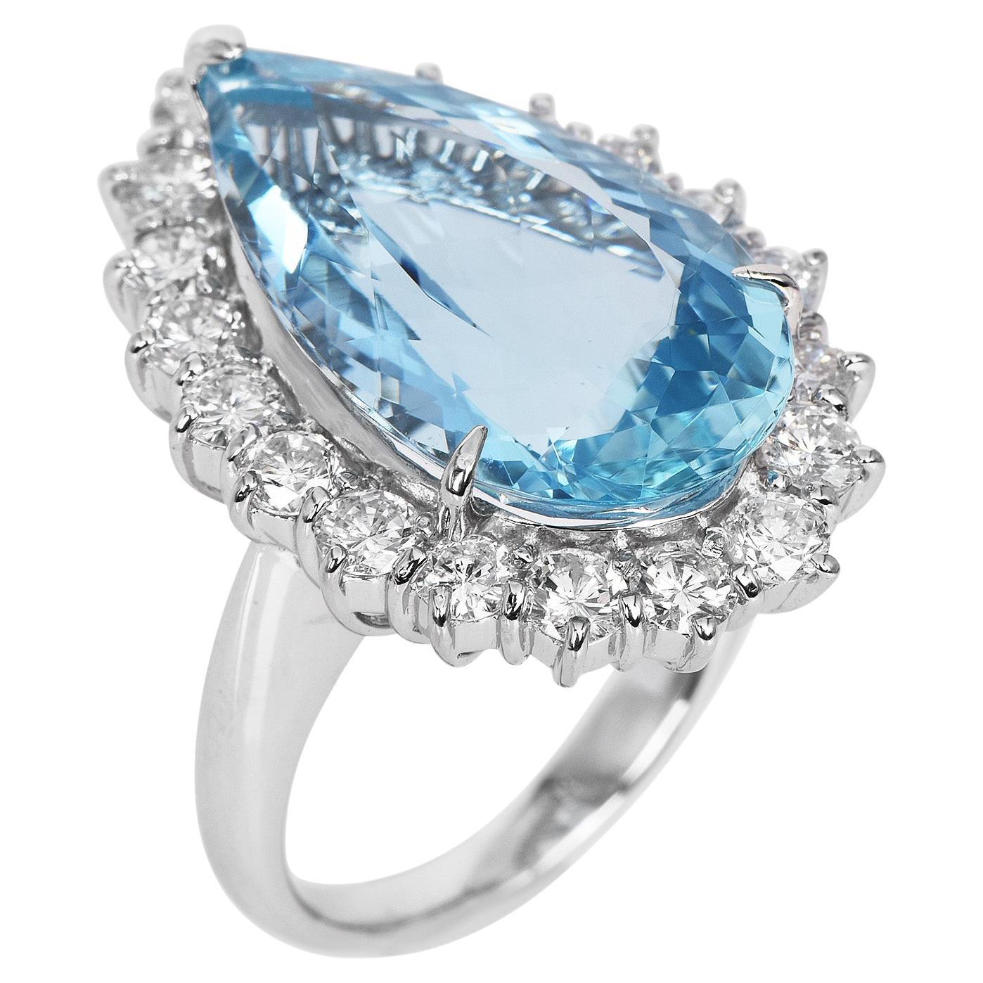 GIA 10.77ct Aquamarine Diamond Platinum Drop Pear Cut Cocktail Ring