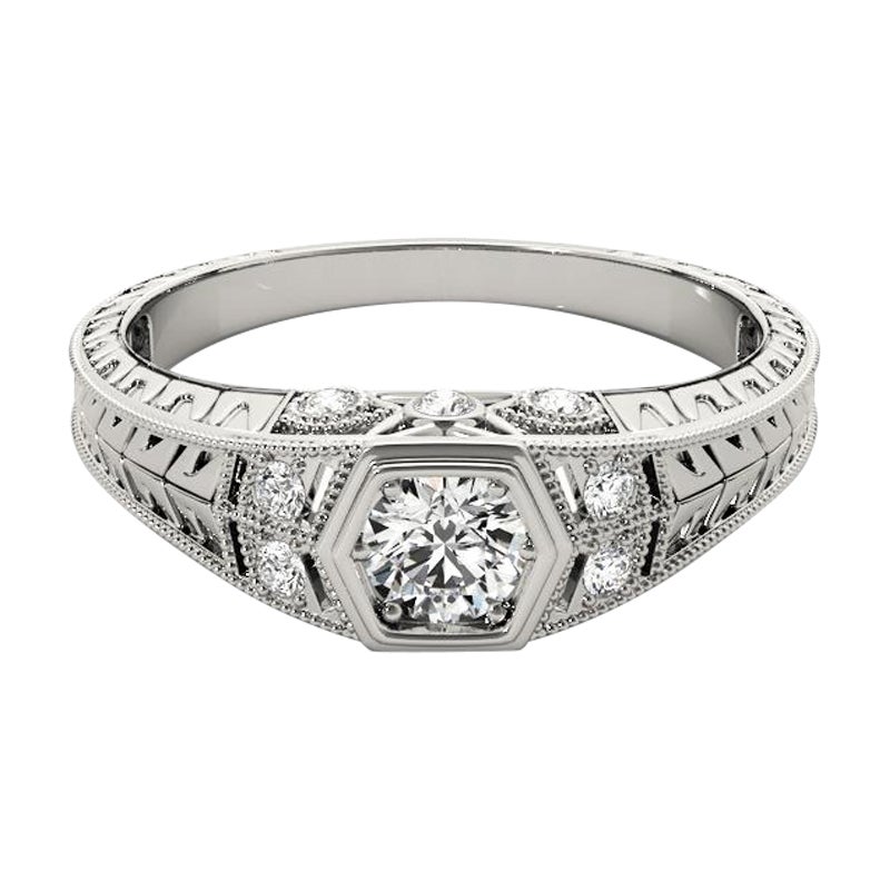 GIA 1.07ct Round Bezel Filigree Flower Engraved 18K White Gold Diamond Ring (Bague diamant en or blanc 18K)