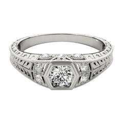 GIA 1.07ct Round Bezel Filigree Flower Engraved 18K White Gold Diamond Ring (Bague diamant en or blanc 18K)