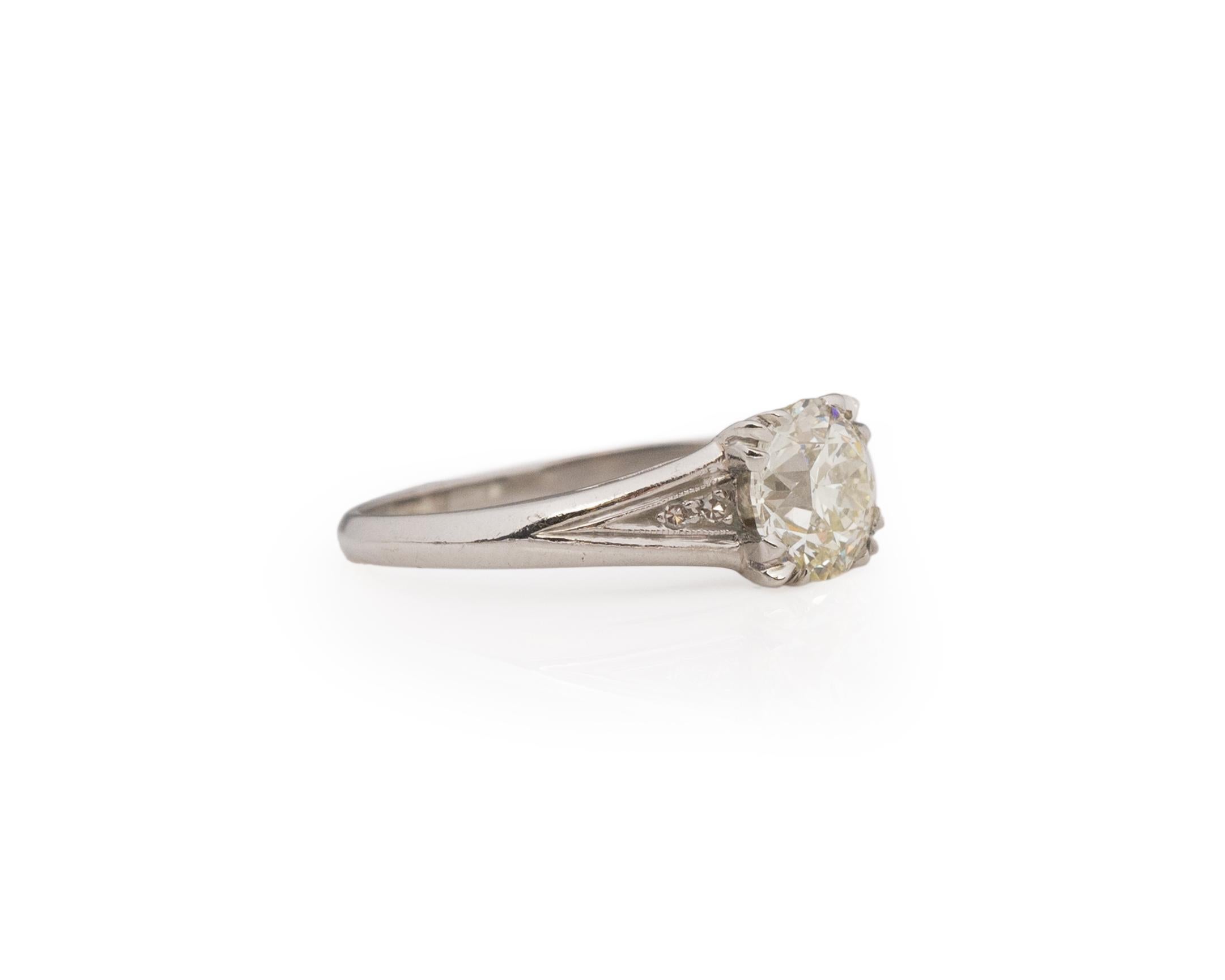 Ring Size: 5
Metal Type: Platinum [Hallmarked, and Tested]
Weight: 3.3 grams

Center Diamond Details:
GIA REPORT #:6227543469
Weight: 1.08ct
Cut: Old European brilliant
Color: M
Clarity: VS1
Measurements: 6.61mm x 6.35mm x 4.16mm

Finger to Top of