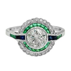 Antique GIA 1.09 Carat Diamond Blue Sapphire Emerald Engagement Ring