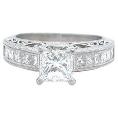 GIA 1.09 Carats Princess Cut Diamond Platinum Filigree Ring