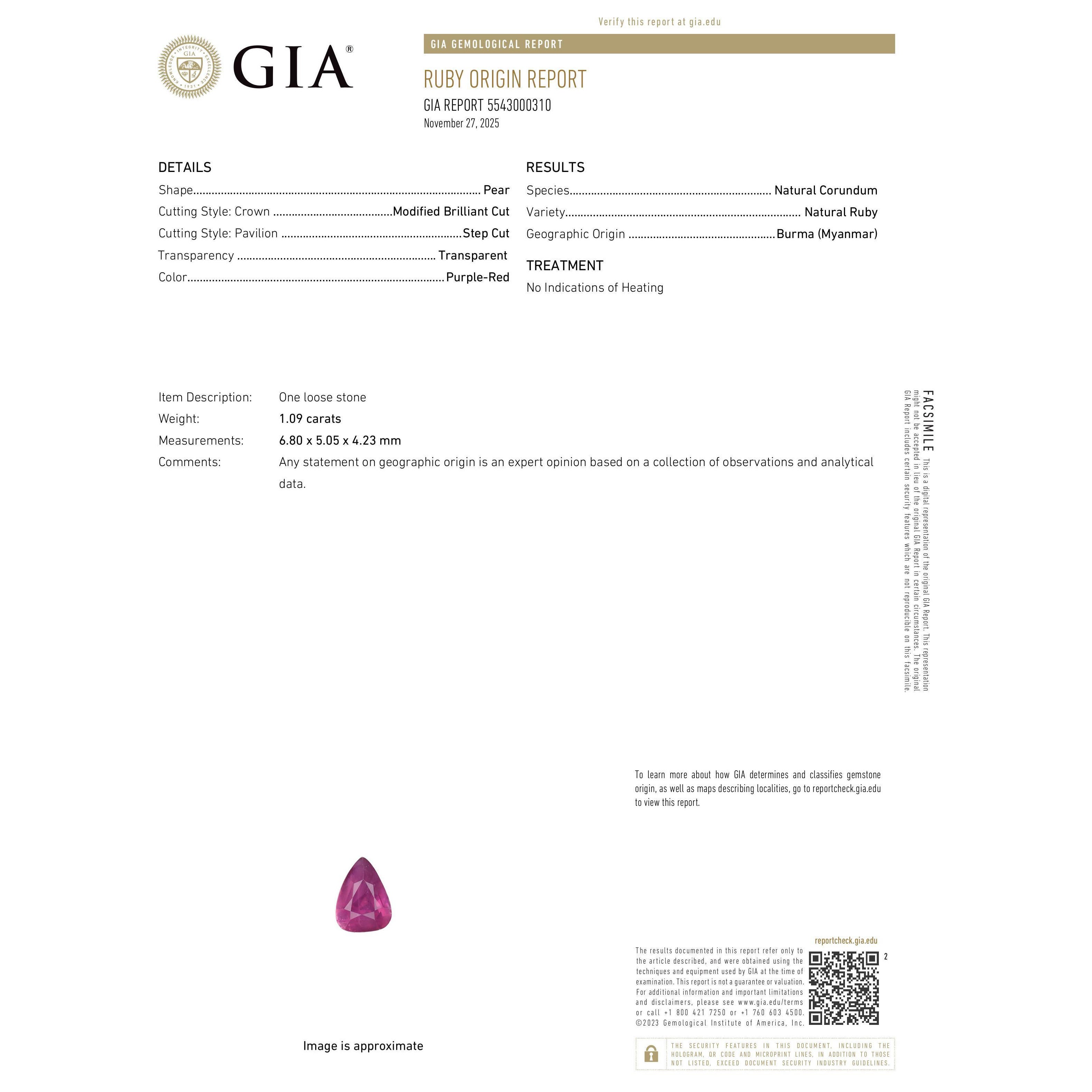 GIA 1.09ct Unheated Burma Ruby (6.80 x 5.05 x 4.23 mm) For Sale