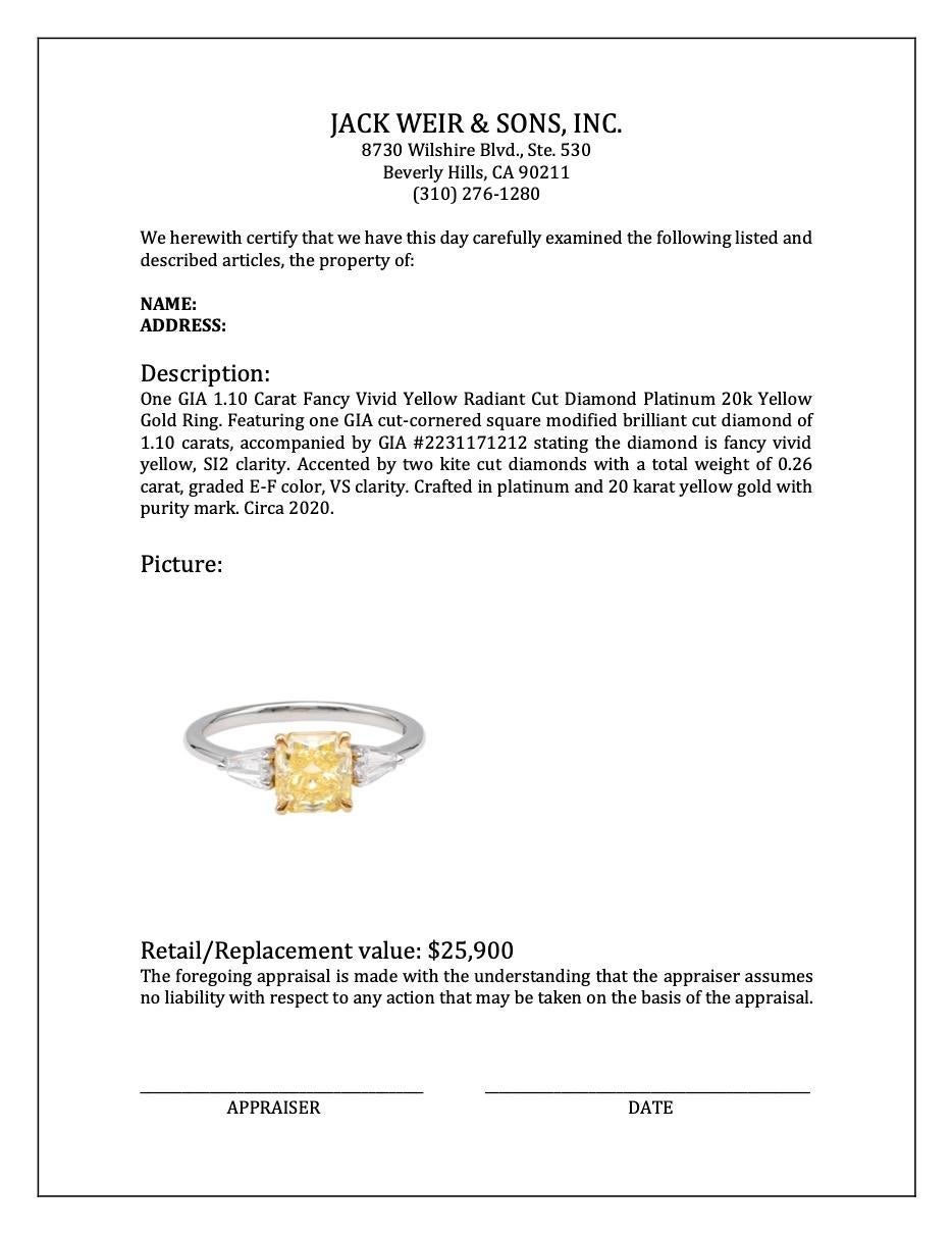 GIA 1.10 Carat Fancy Vivid Yellow Radiant Cut Diamond Platinum 20k Yellow Gold R For Sale 3