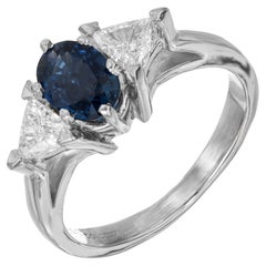 Retro GIA 1.10 Carat Oval Cornflower Blue Sapphire Diamond Platinum Engagement Ring