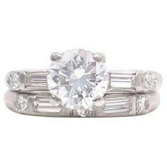 Vintage GIA 1.10 Carat Round Brilliant Cut Diamond Engagement Wedding Platinum Ring Set