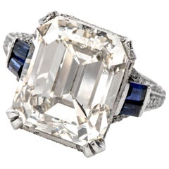 Vintage GIA 11.06 Carat Emerald Cut Diamond Sapphire Platinum Engagement Ring