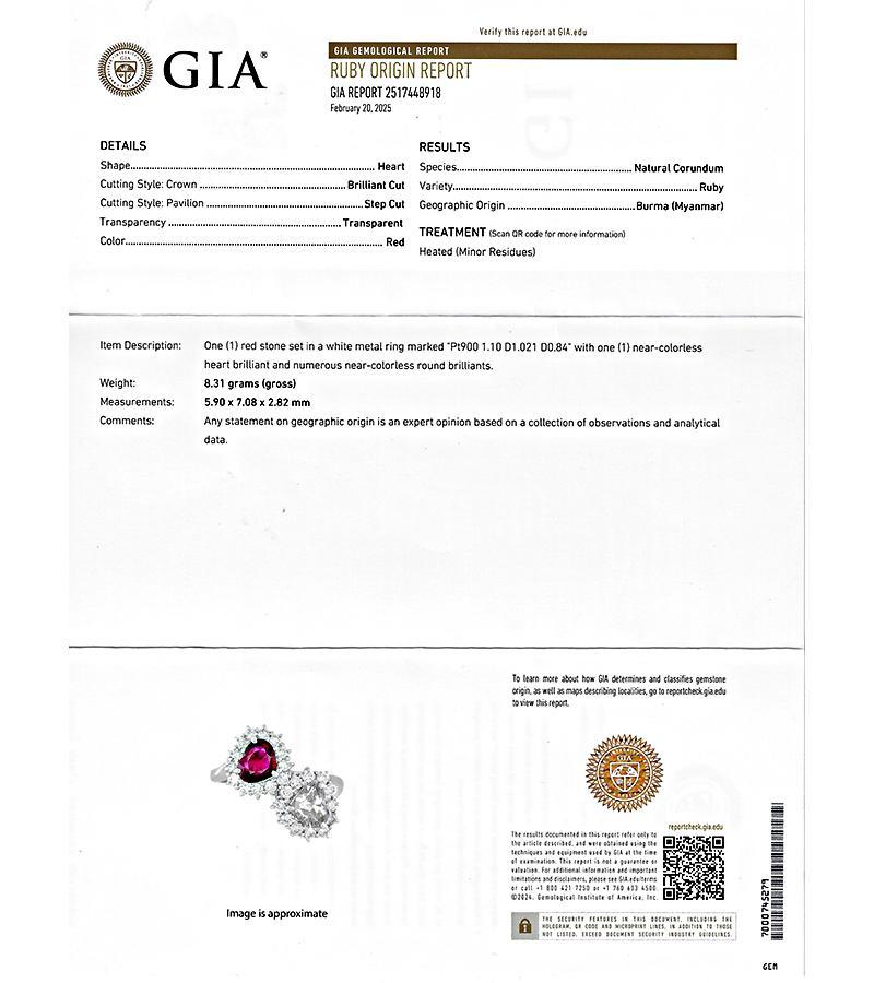 GIA 1,10ct Rubino di Birmania 1,02ct Anello con cuore di diamanti In condizioni buone in vendita a New York, NY