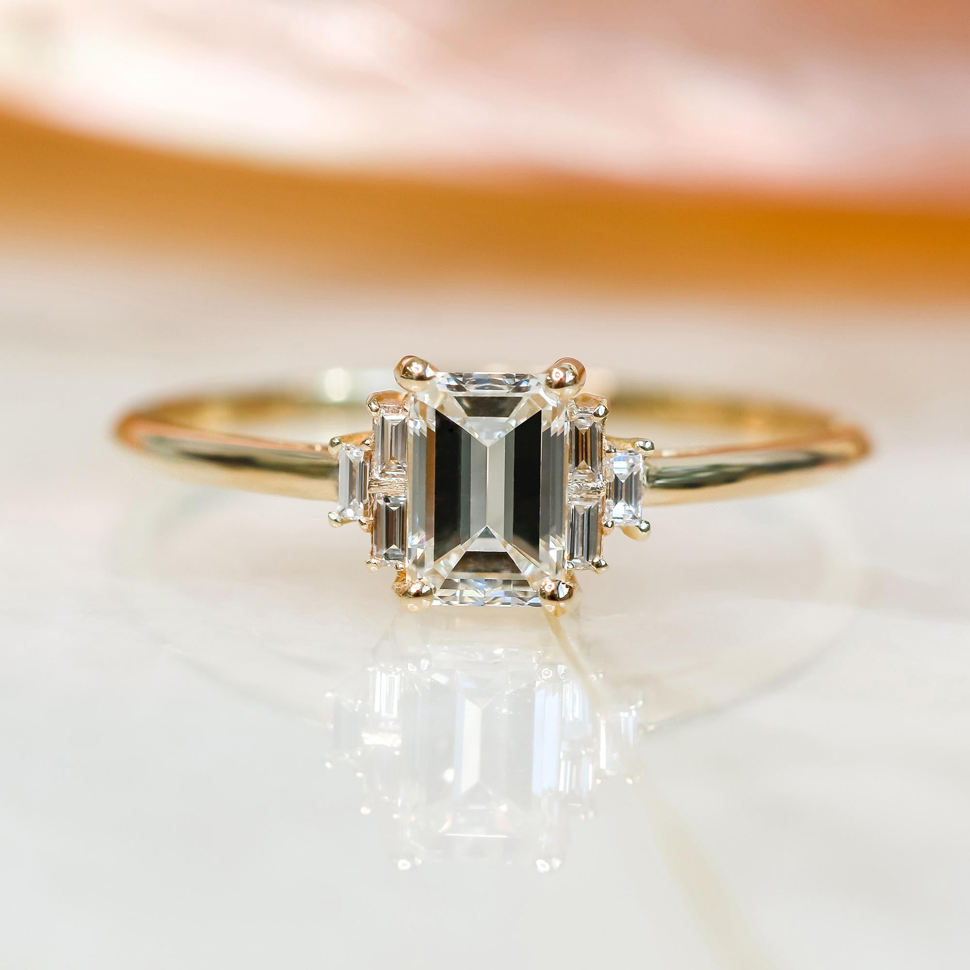 Art Deco GIA 1.11 Cts Natural Emerald Cut Art-Deco Diamond Ring, Complimentary Baguettes For Sale